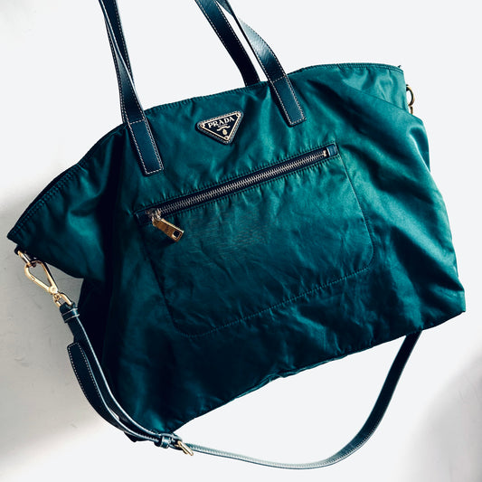 Prada Jade Green Malachite GHW Classic Monogram Logo 2-Way Nylon & Leather Shopper Shoulder Sling Tote Bag