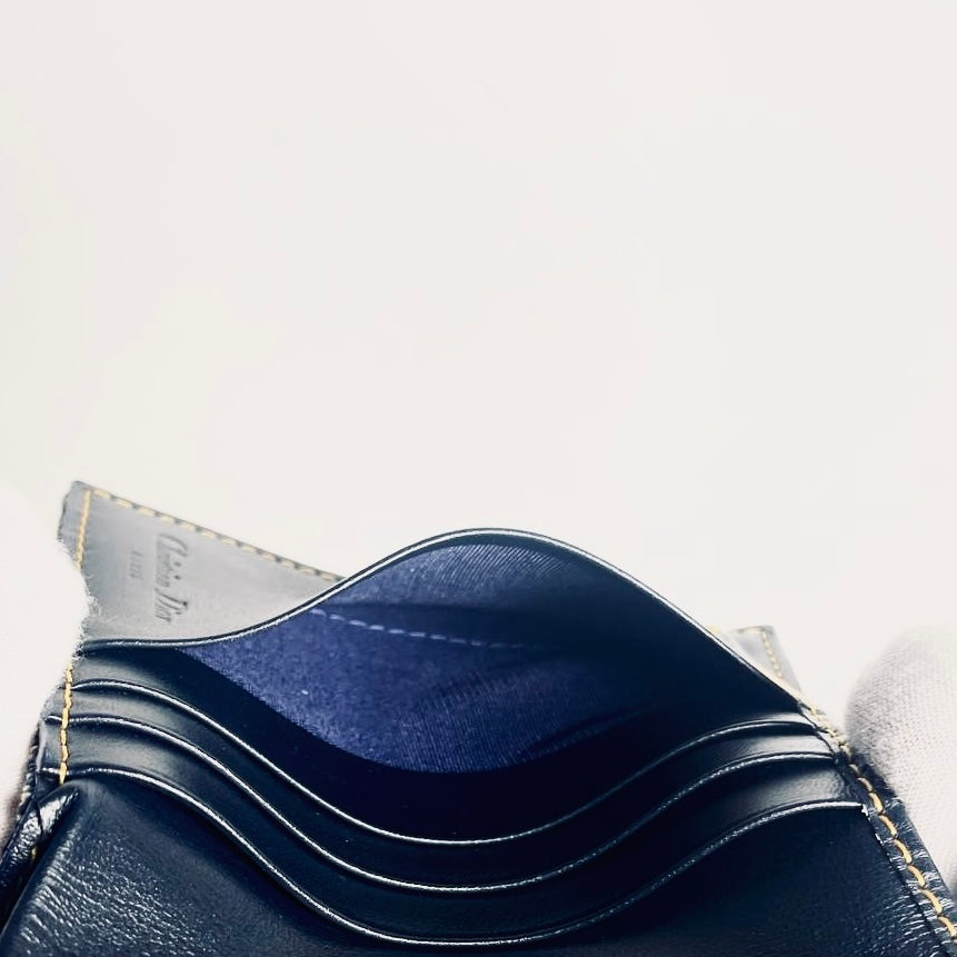 Christian Dior CD Navy Blue GHW Saddle Lotus Oblique Monogram Logo Flap Bifold Compact Wallet