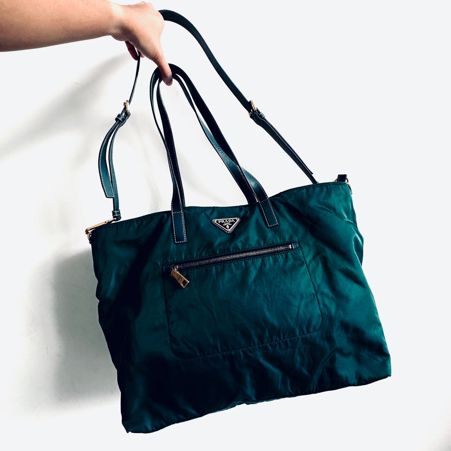 Prada Jade Green Malachite GHW Classic Monogram Logo 2-Way Nylon & Leather Shopper Shoulder Sling Tote Bag