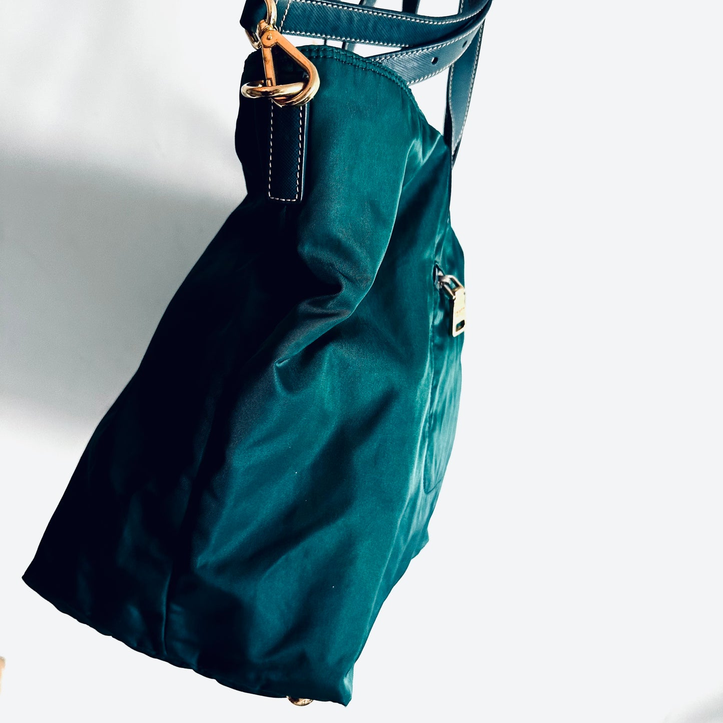 Prada Jade Green Malachite GHW Classic Monogram Logo 2-Way Nylon & Leather Shopper Shoulder Sling Tote Bag