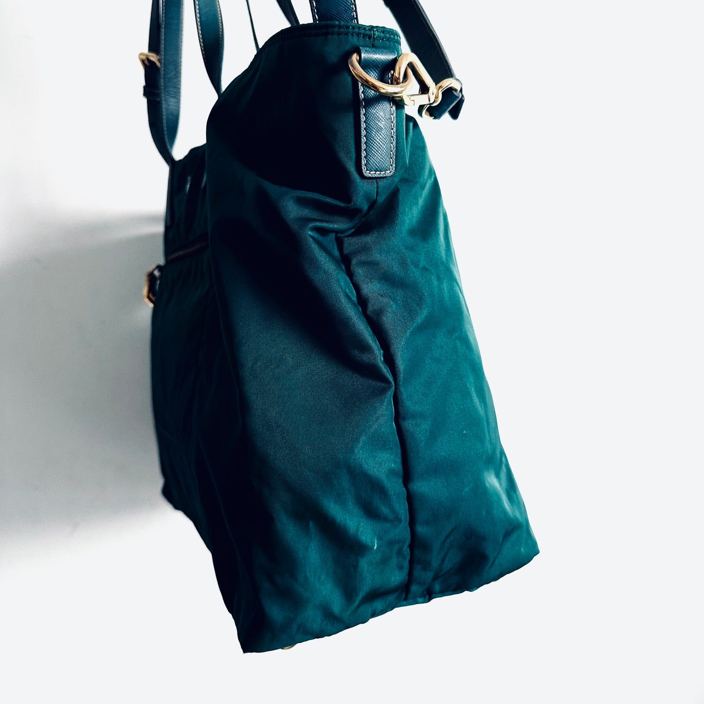 Prada Jade Green Malachite GHW Classic Monogram Logo 2-Way Nylon & Leather Shopper Shoulder Sling Tote Bag