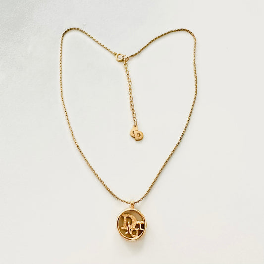 Christian Dior Round CD Monogram Logo Pendant Signature Classic Gold Vintage Necklace