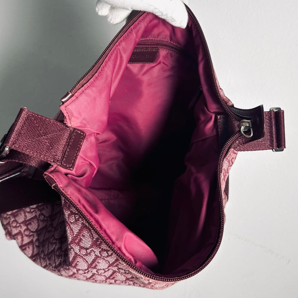 Christian Dior CD Saddle Maroon Red Oblique Monogram Logo Hobo Baguette Shoulder Sling Bag