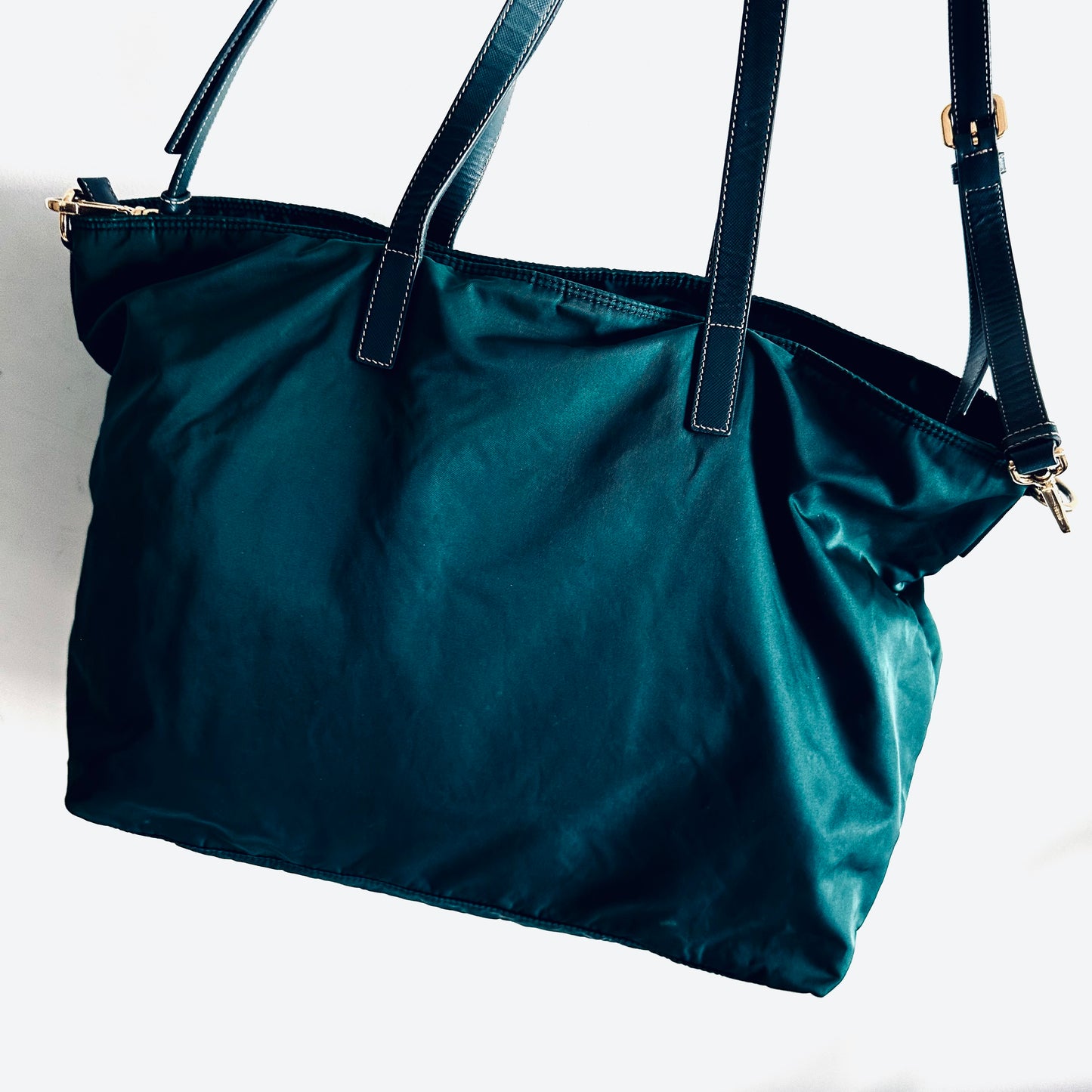 Prada Jade Green Malachite GHW Classic Monogram Logo 2-Way Nylon & Leather Shopper Shoulder Sling Tote Bag