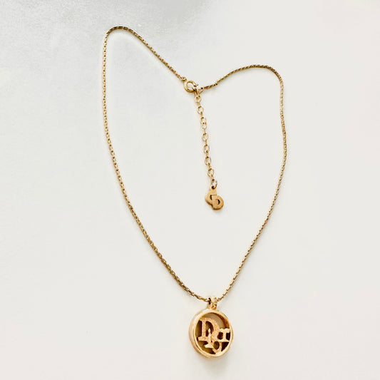 Christian Dior Round CD Monogram Logo Pendant Signature Classic Gold Vintage Necklace