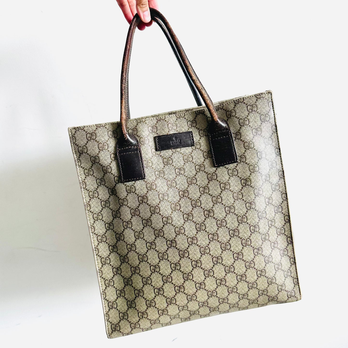Gucci Supreme Beige / Brown GG Monogram Logo Vertical Tall Top Handle Structured Shoulder Tote Bag