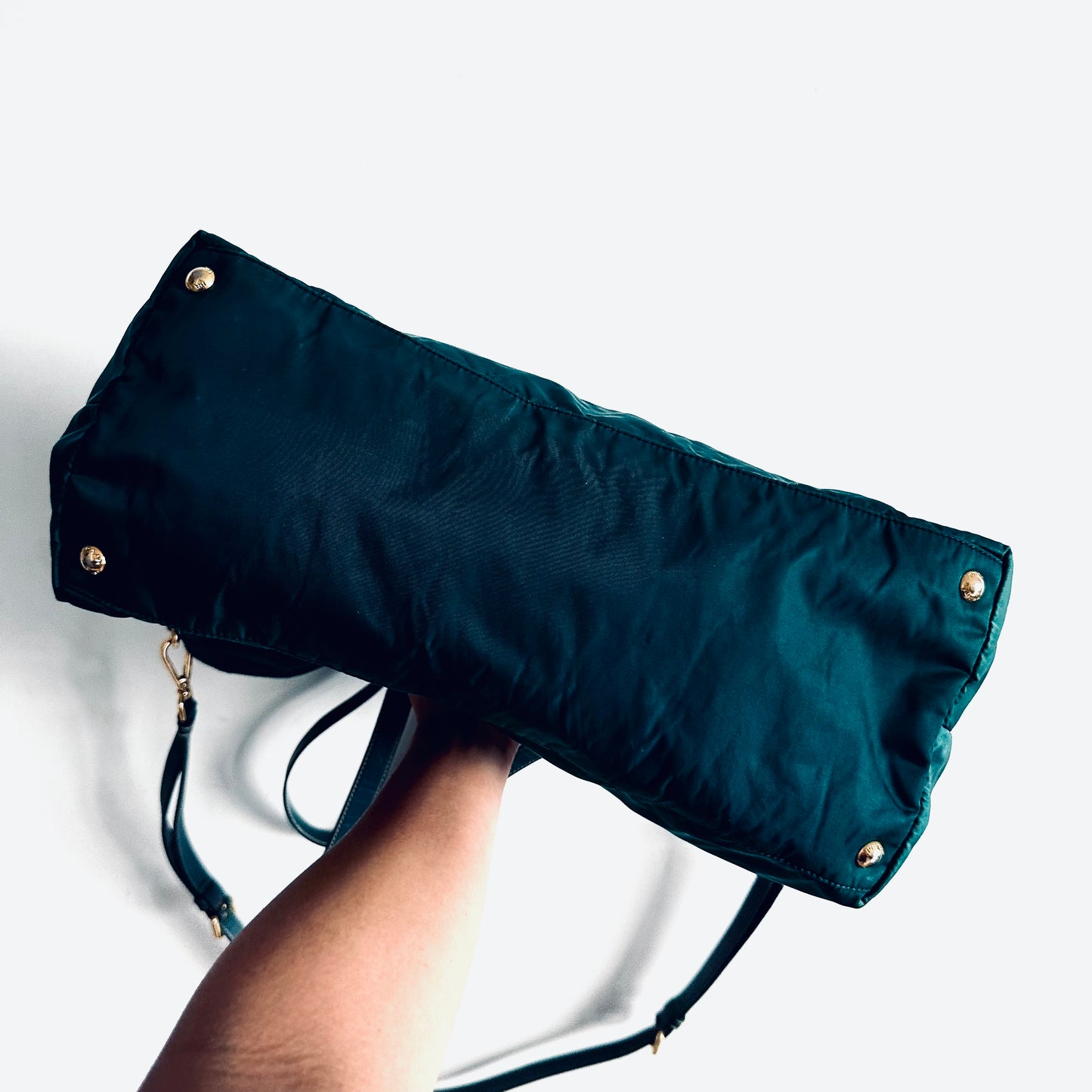 Prada Jade Green Malachite GHW Classic Monogram Logo 2-Way Nylon & Leather Shopper Shoulder Sling Tote Bag