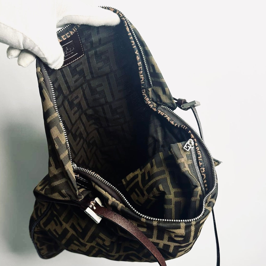 Fendi Brown Zucca Zucchino FF Monogram Logo Mamma Hobo Baguette Shoulder Bag