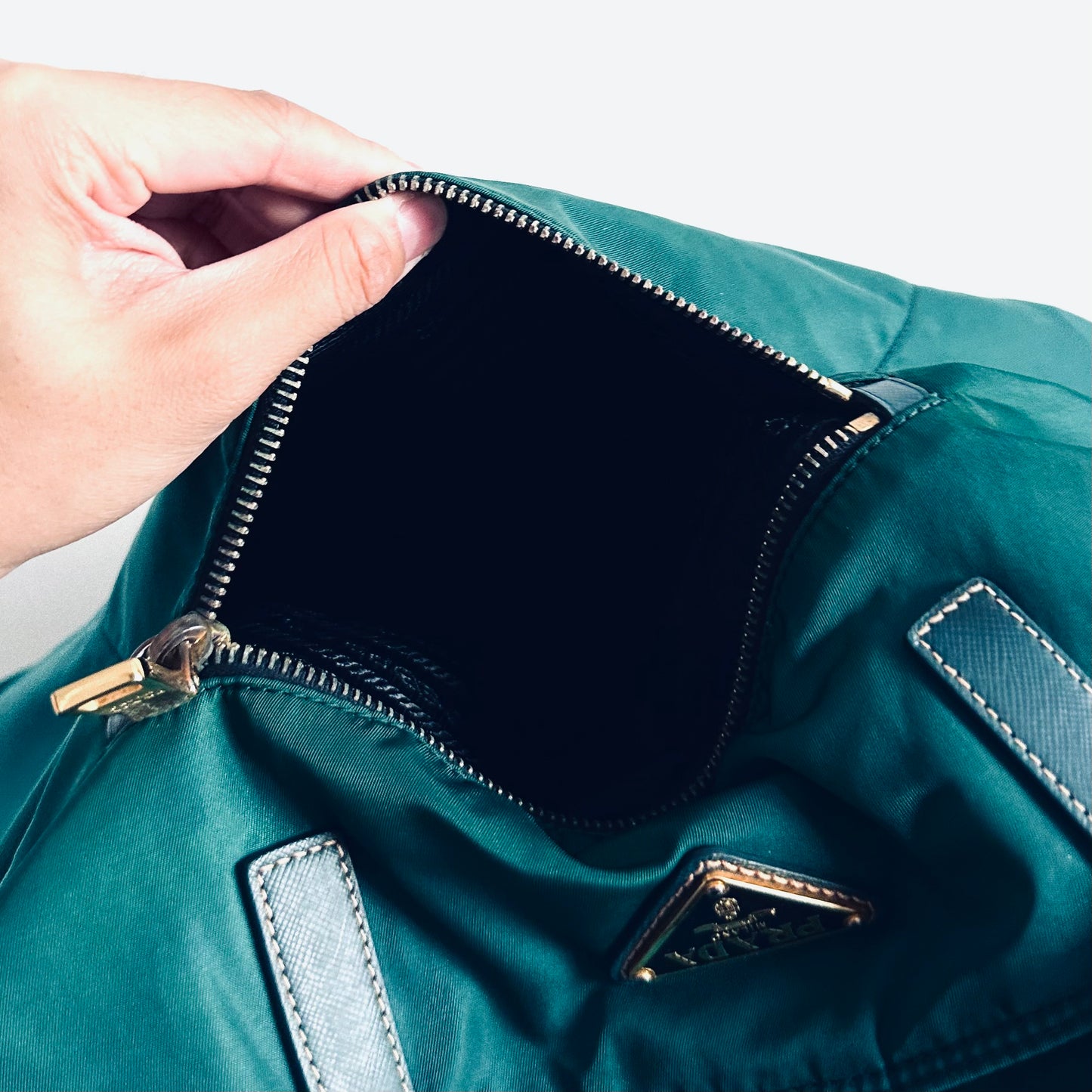 Prada Jade Green Malachite GHW Classic Monogram Logo 2-Way Nylon & Leather Shopper Shoulder Sling Tote Bag