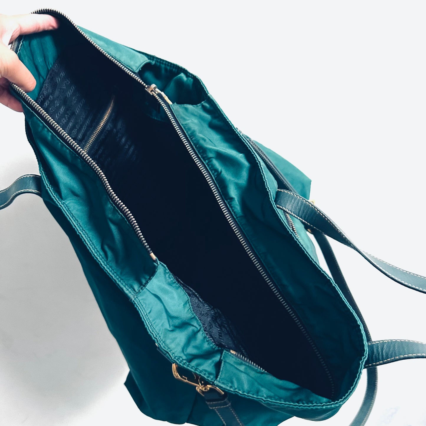 Prada Jade Green Malachite GHW Classic Monogram Logo 2-Way Nylon & Leather Shopper Shoulder Sling Tote Bag
