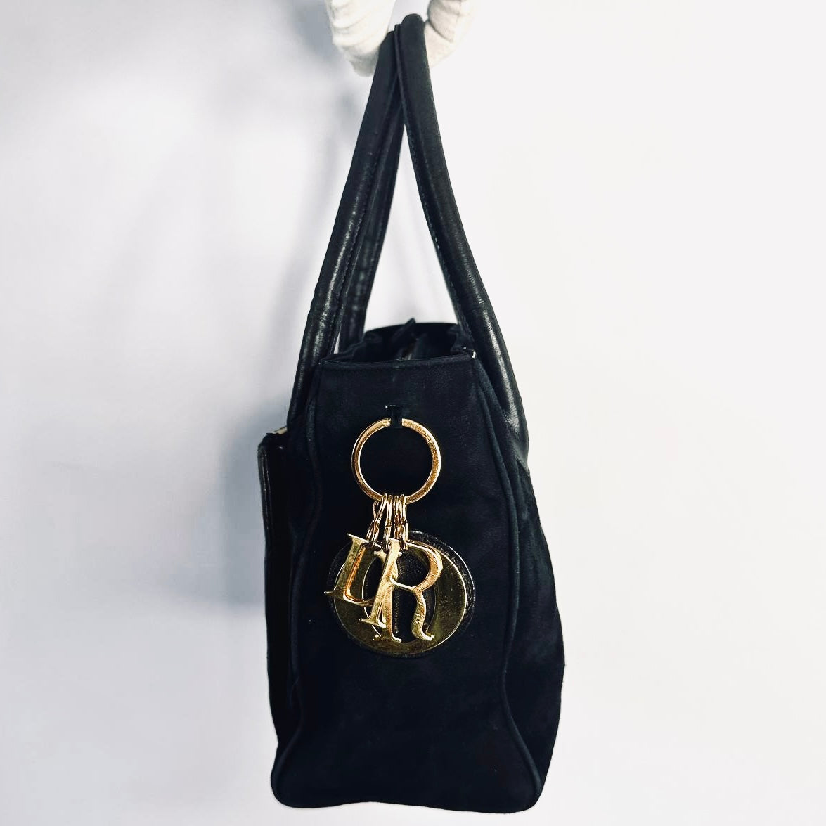 Christian Dior CD Medium Lady Dior Black GHW Quilted Cannage Lambskin & Suede Top Handle Shopper Shoulder Bag
