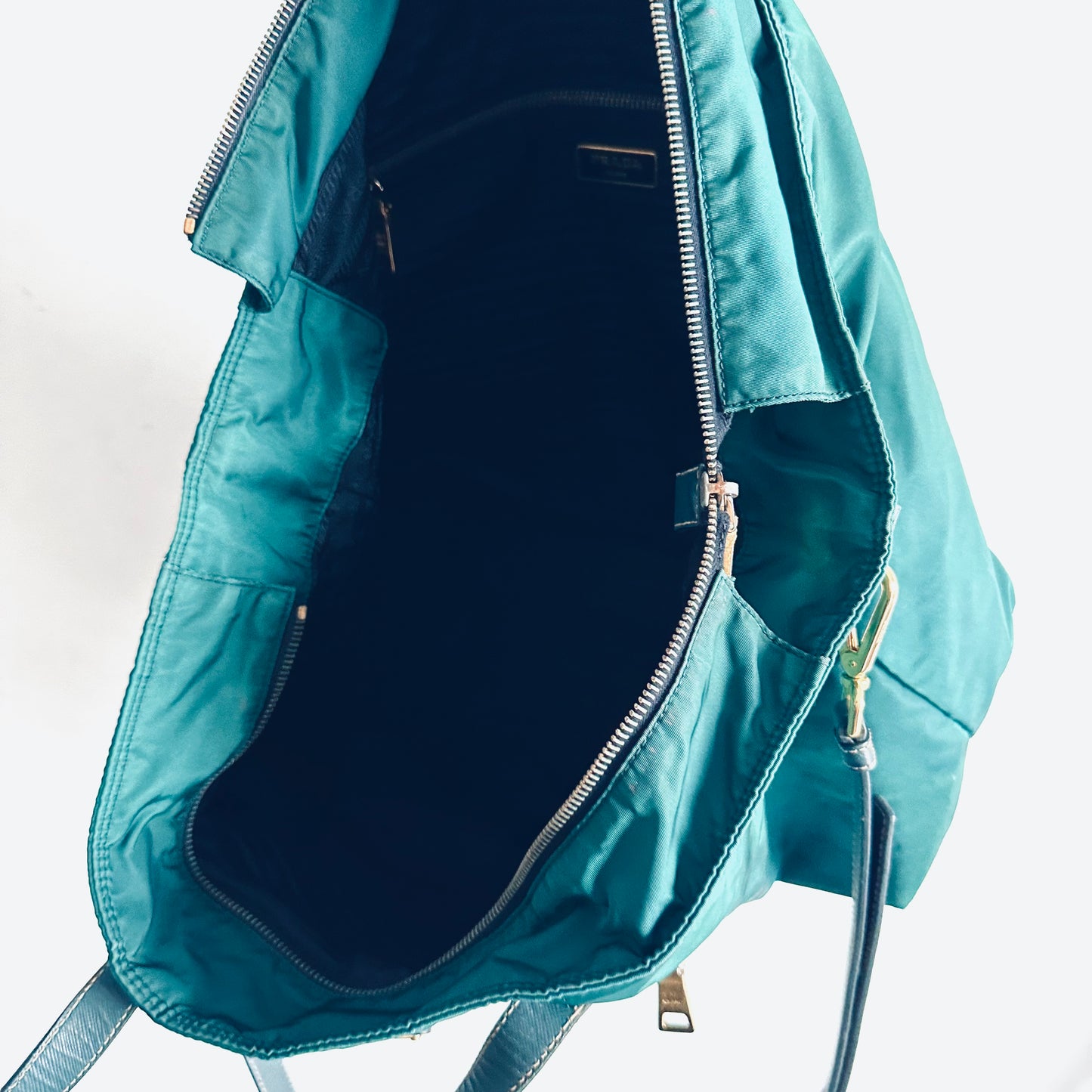 Prada Jade Green Malachite GHW Classic Monogram Logo 2-Way Nylon & Leather Shopper Shoulder Sling Tote Bag