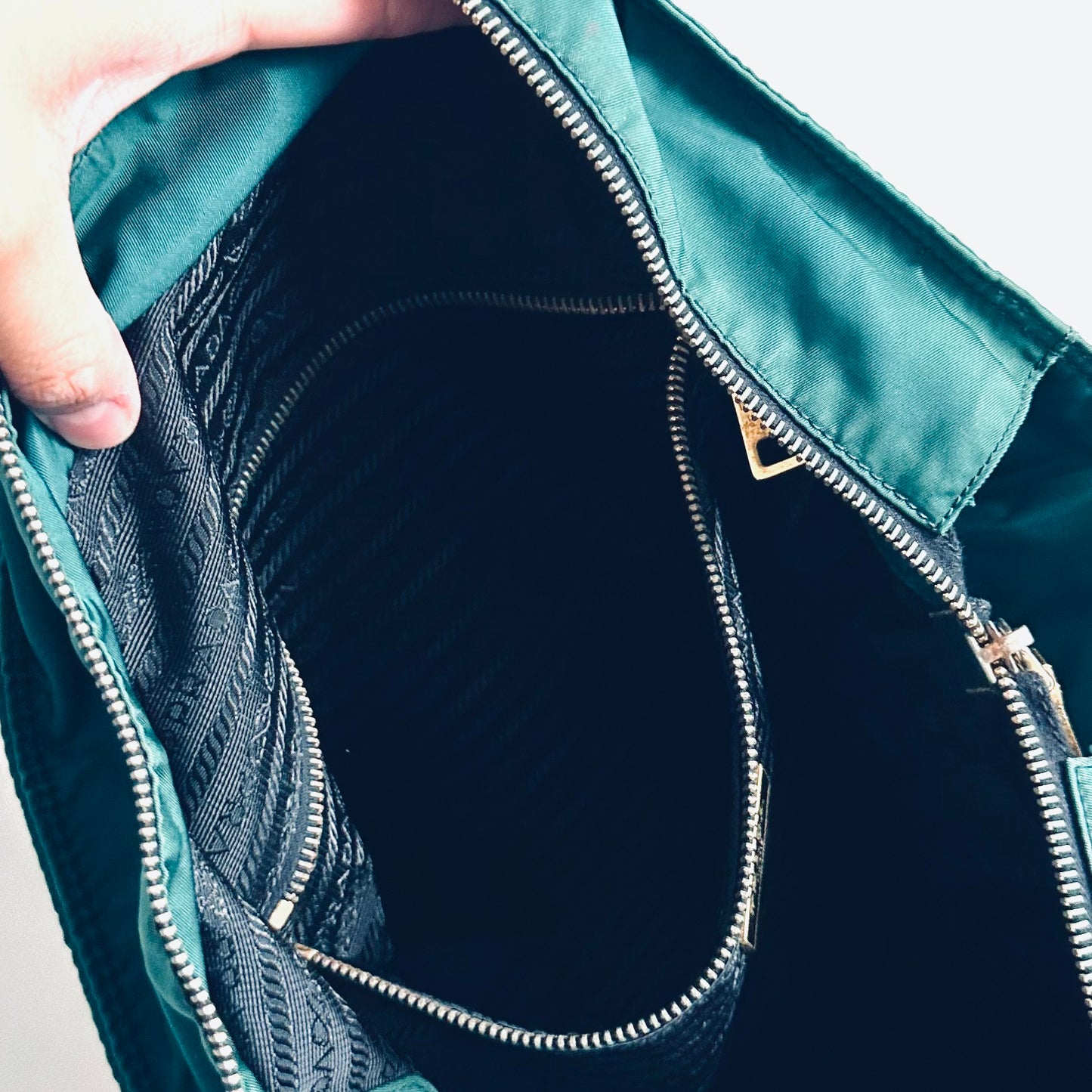 Prada Jade Green Malachite GHW Classic Monogram Logo 2-Way Nylon & Leather Shopper Shoulder Sling Tote Bag