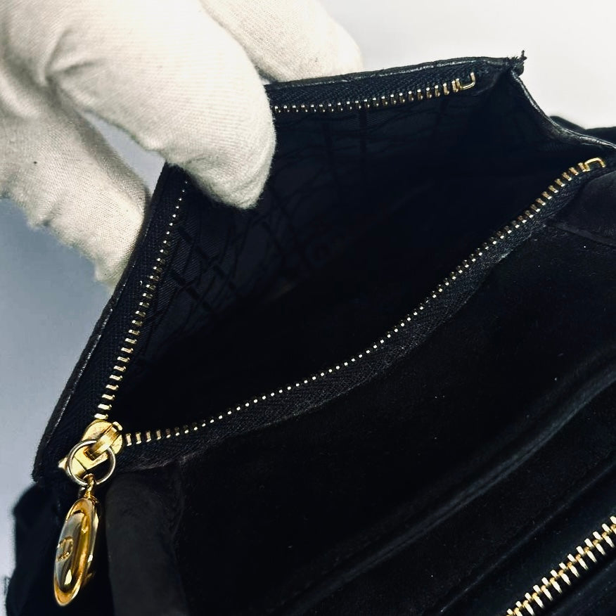 Christian Dior CD Medium Lady Dior Black GHW Quilted Cannage Lambskin & Suede Top Handle Shopper Shoulder Bag