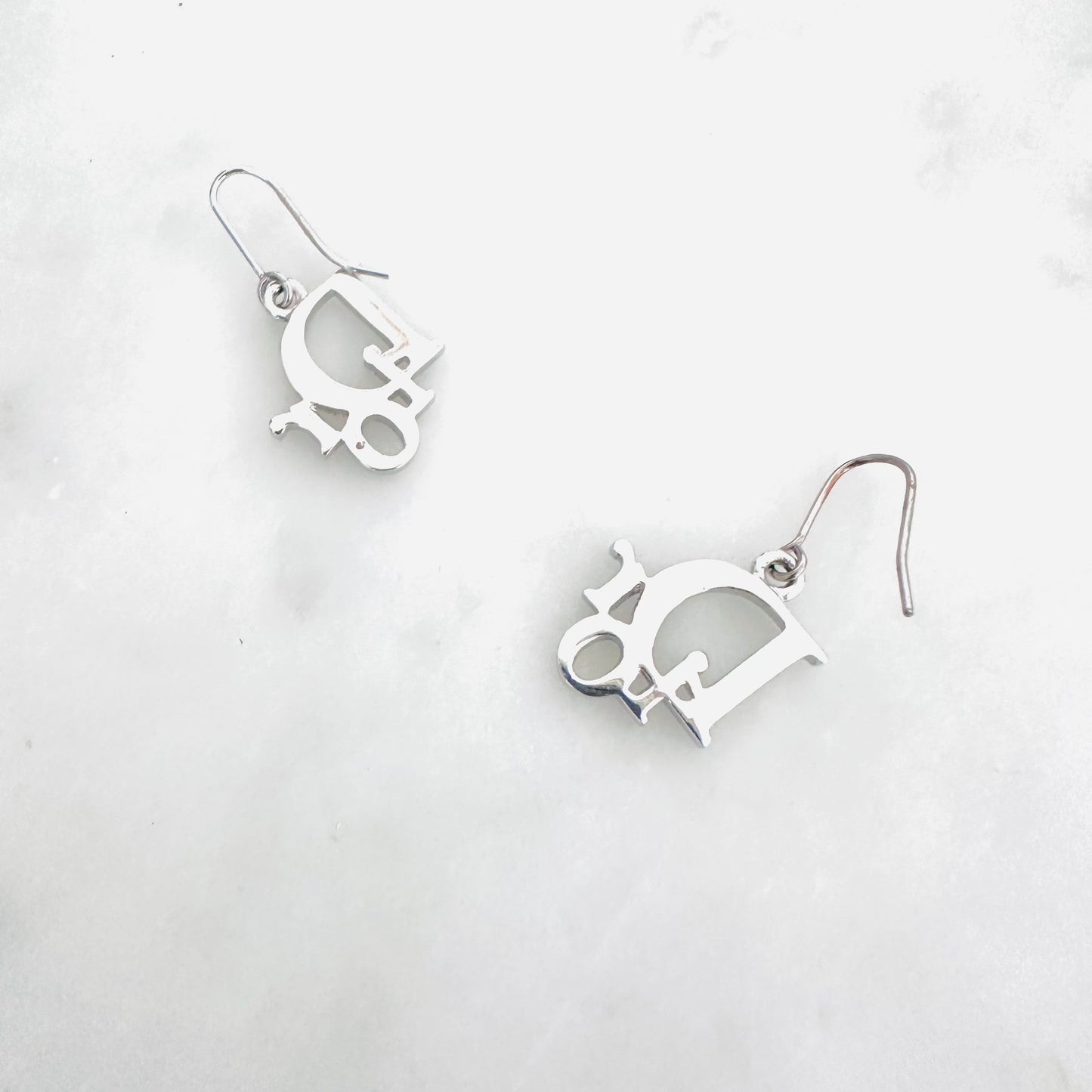 Christian Dior CD Giant Monogram Logo Silver Heart & Pink Crystals Vintage Stud Dangling Earrings