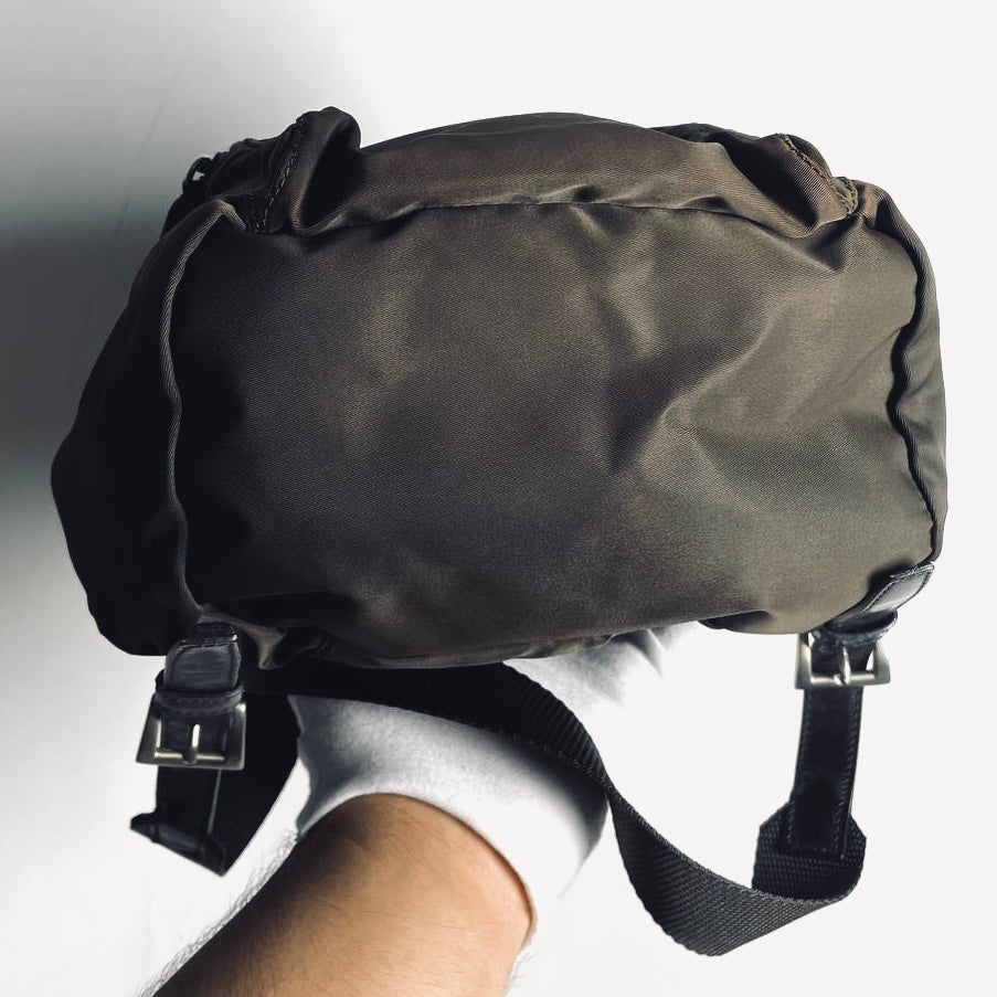 Prada Khaki Tessuto Classic Monogram Logo Nylon & Leather Small Backpack Bag