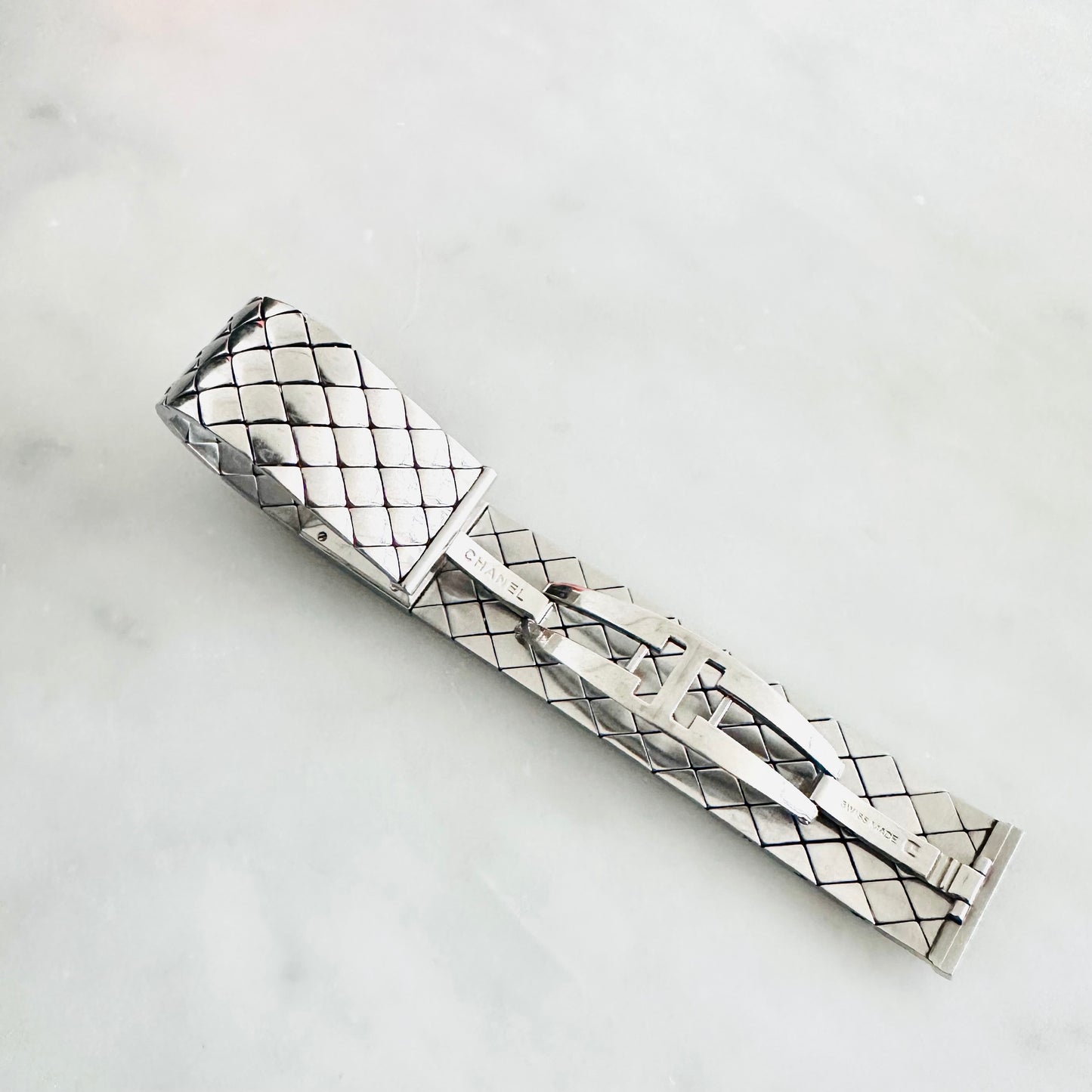 Chanel CC Monogram Logo Black Square Dial Stainless Steel Matelasse Quilted 19MM Quartz Watch