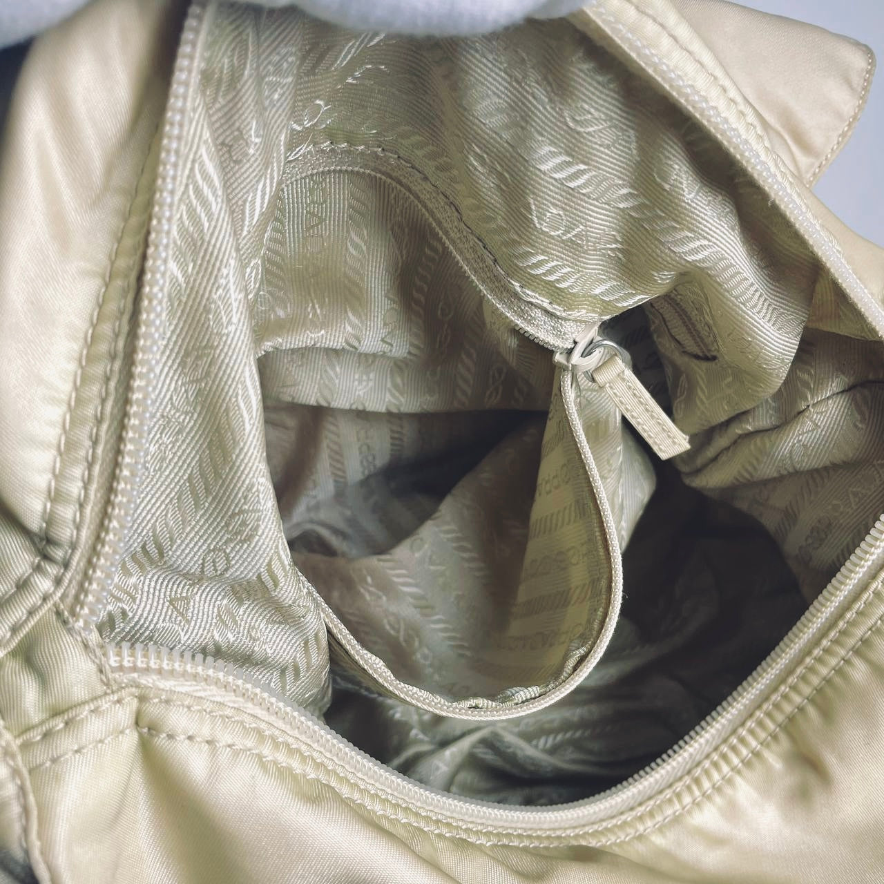Prada Beige Taupe Vela Classic Logo Nylon & Leather Flap Shoulder Sling Bag