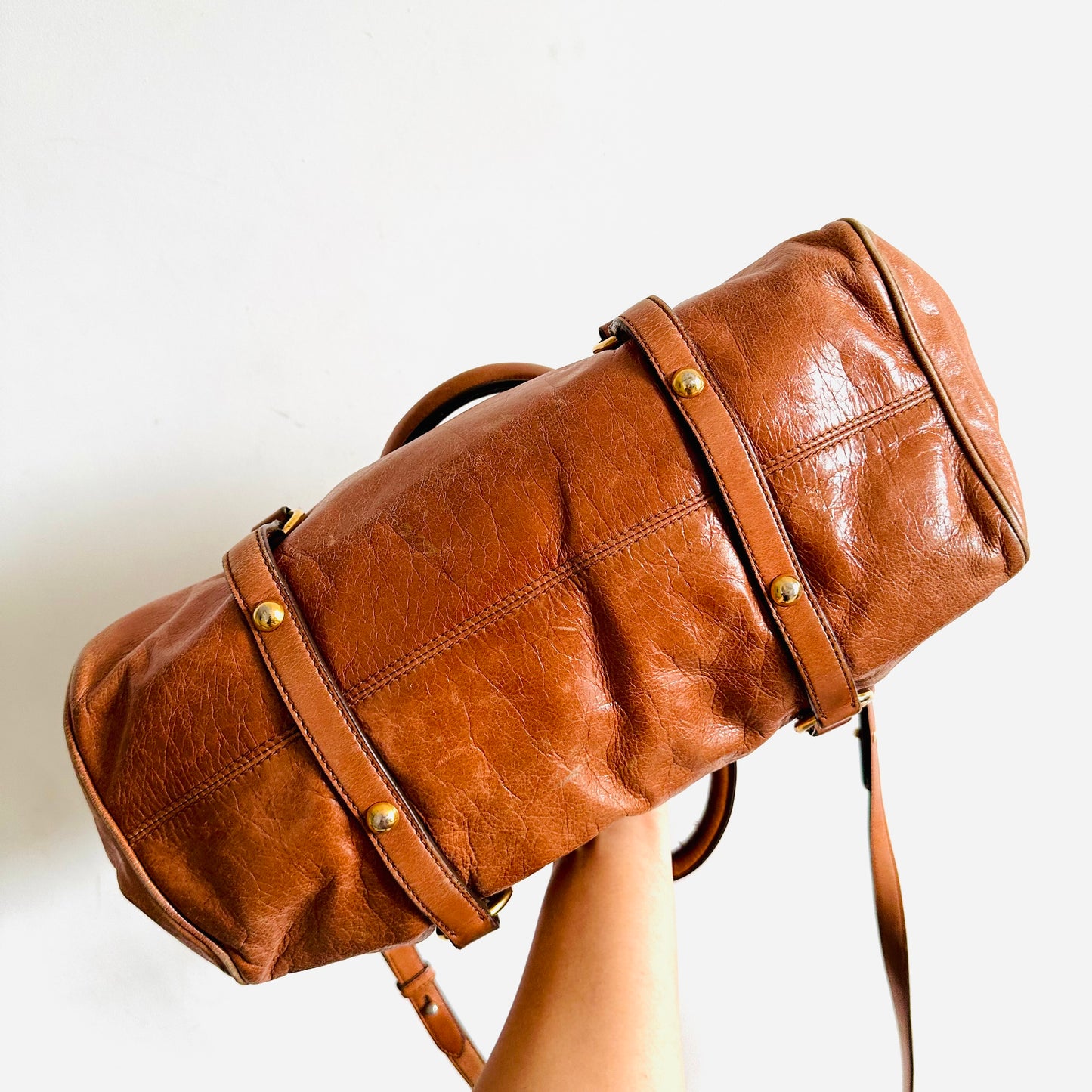 Miu Miu Caramel Brown GHW Vitello Lux Bauletto Classic Logo Shopper Shoulder Sling Tote Bag