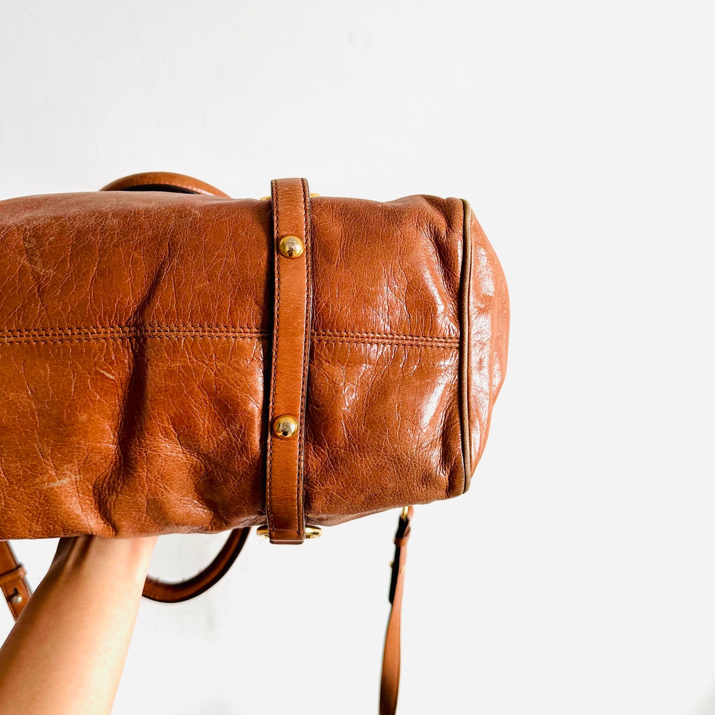 Miu Miu Caramel Brown GHW Vitello Lux Bauletto Classic Logo Shopper Shoulder Sling Tote Bag