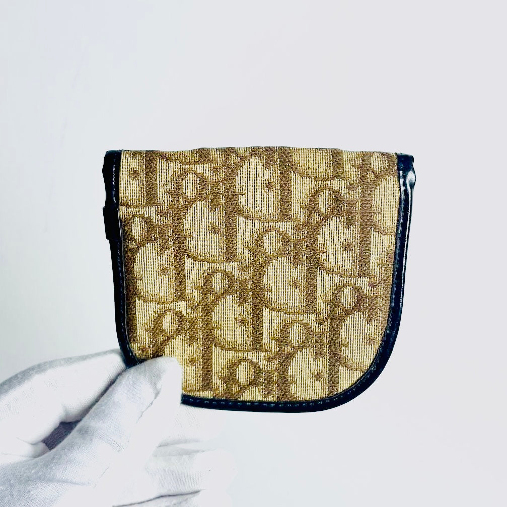 Christian Dior CD Brown GHW Oblique Monogram Logo Flap Coin Pouch Case Wallet