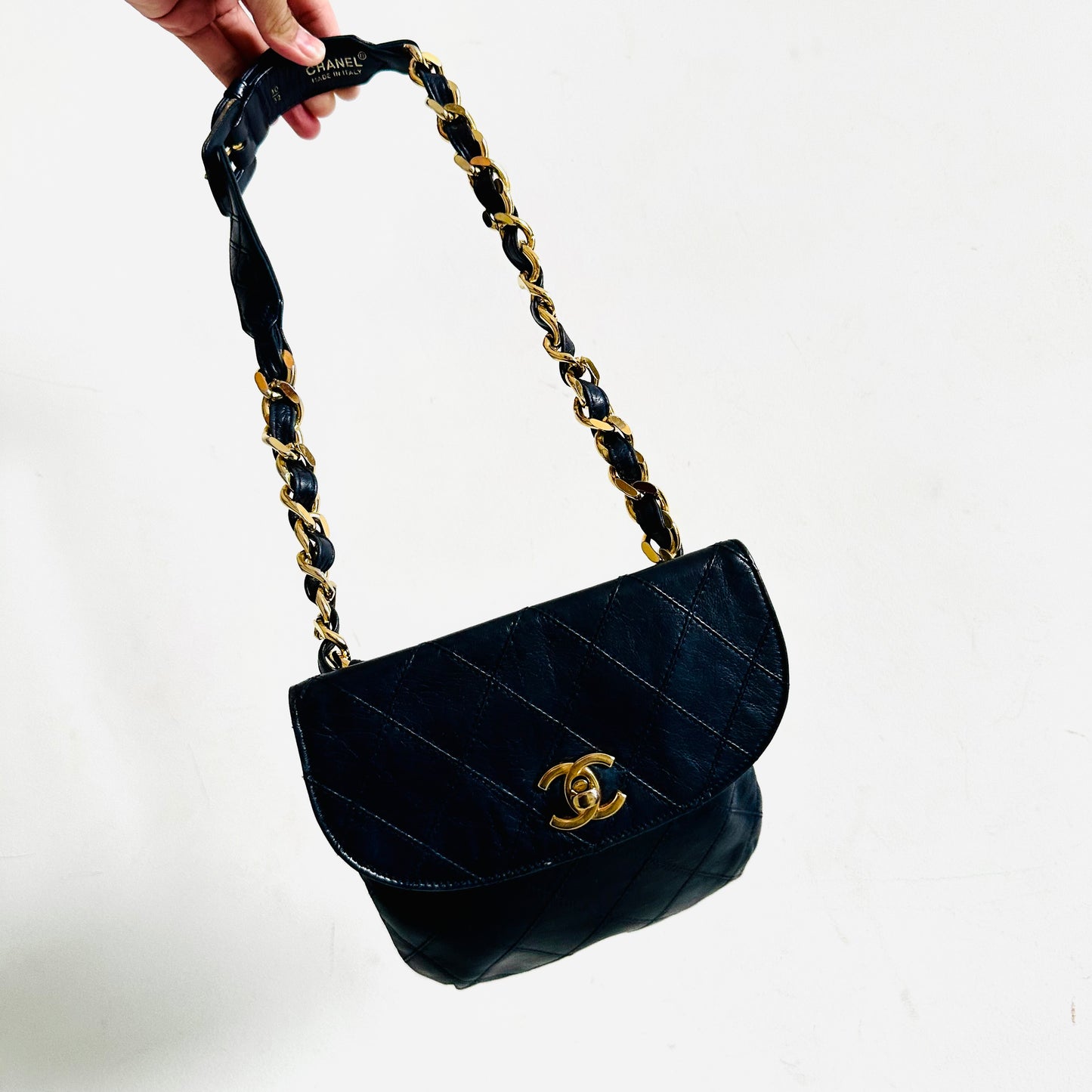 Chanel Navy Blue GHW Giant CC Logo Quilted Lambskin Turnlock 2-Way Vintage Belt Waist Shoulder Sling Bag Clutch Pouch