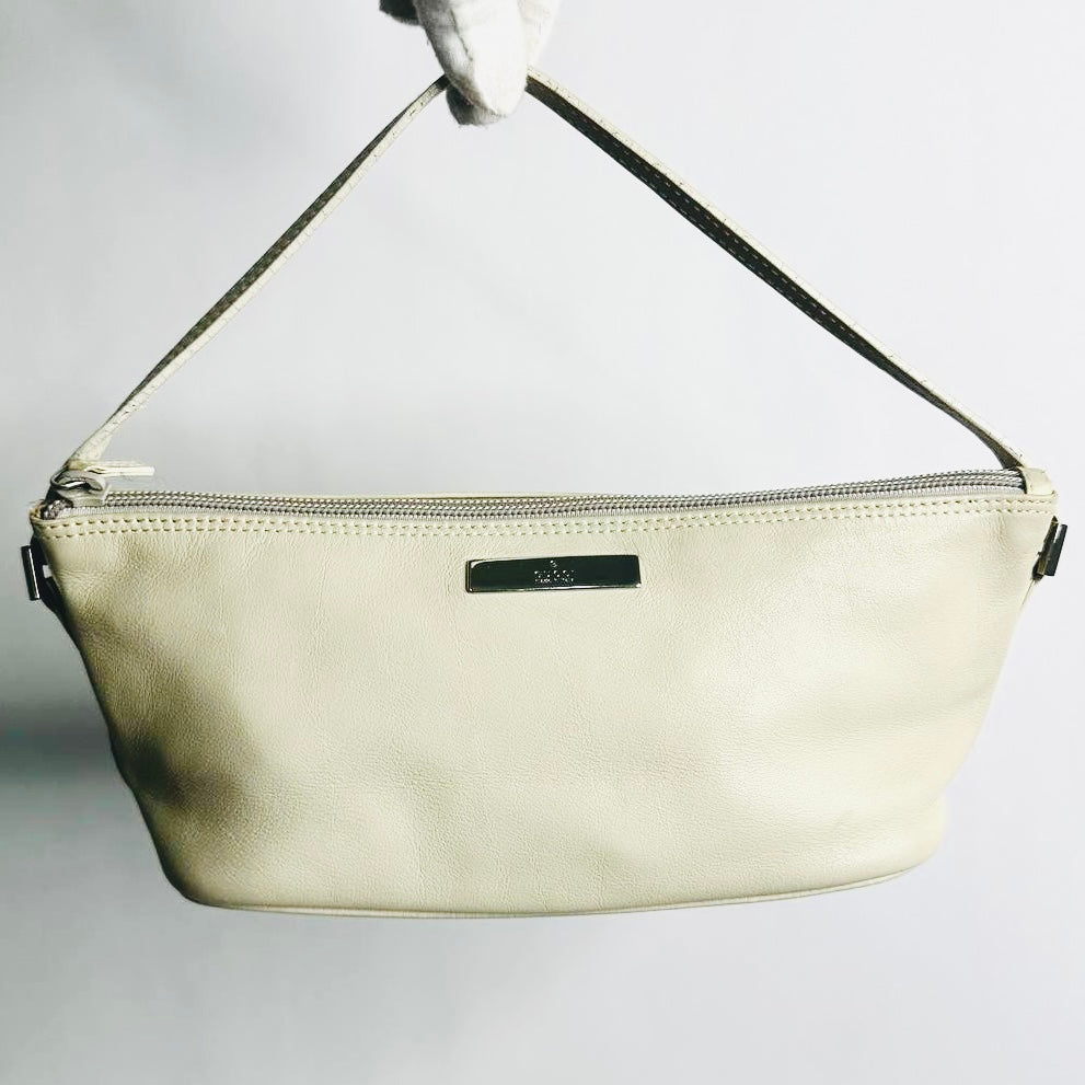Gucci GG Ivory Off White Leather Monogram Logo Mini Hobo Pochette Accessories Shoulder Bag