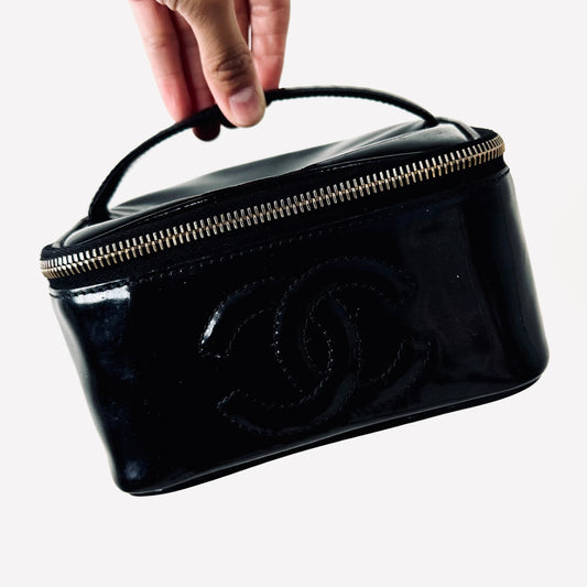Chanel Black GHW Giant CC Logo Patent Leather Vanity Case Vintage Top Handle Bag 4s