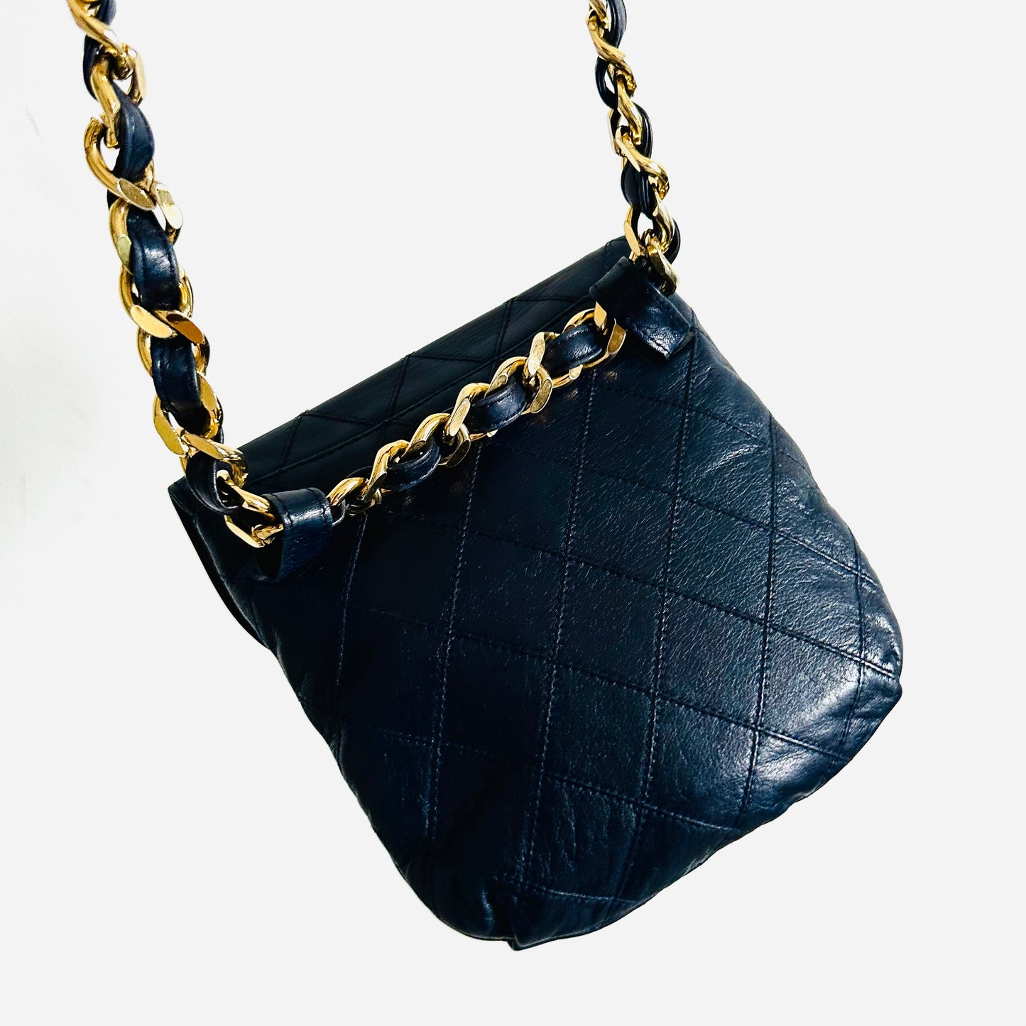 Chanel Navy Blue GHW Giant CC Logo Quilted Lambskin Turnlock 2-Way Vintage Belt Waist Shoulder Sling Bag Clutch Pouch