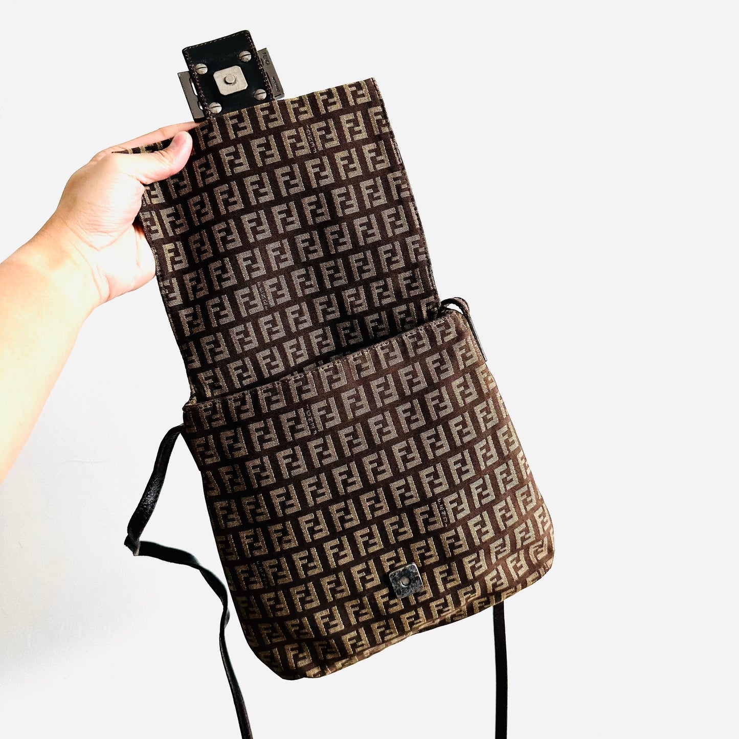 Fendi Dark Brown Zucca FF Monogram Logo Flap Shoulder Sling Bag