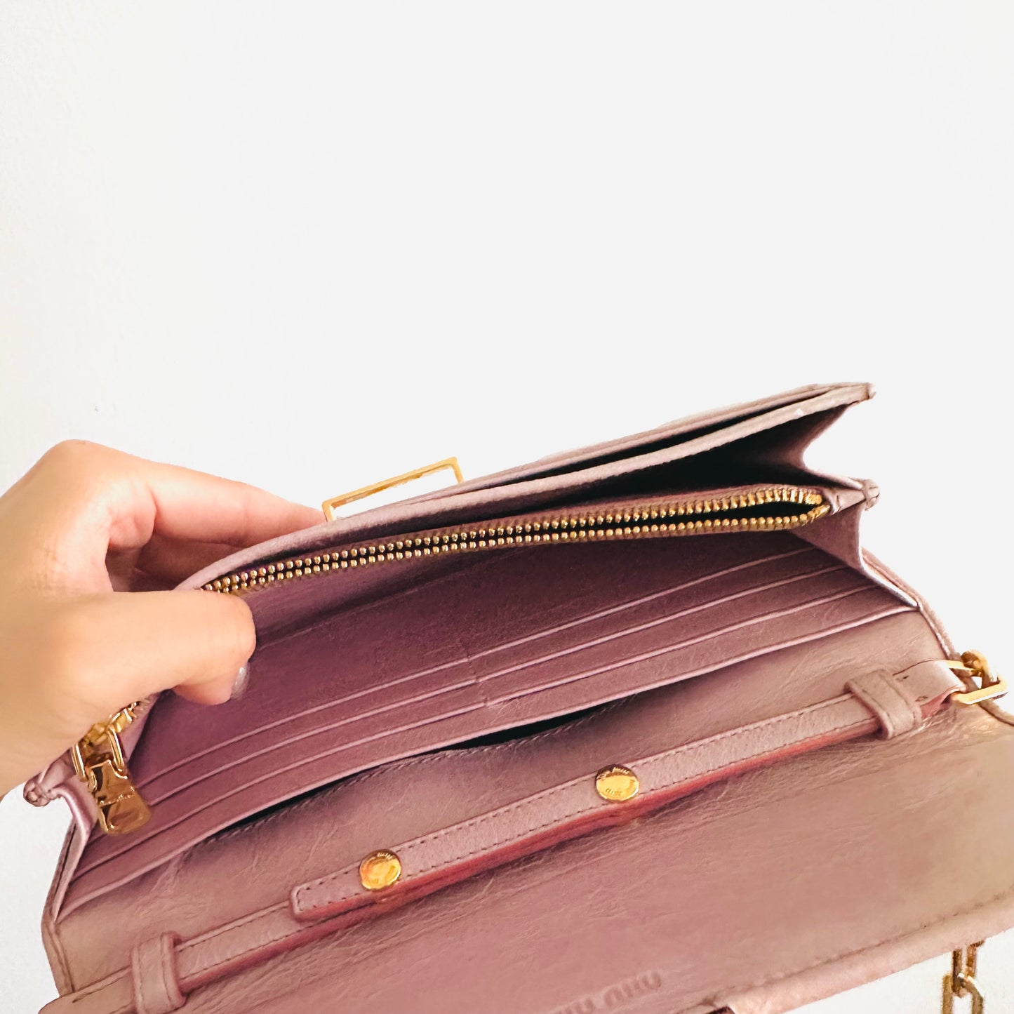 Miu Miu Pink GHW Matelasse Lux Leather Monogram Logo Wallet On Chain WOC Shoulder Sling Bag