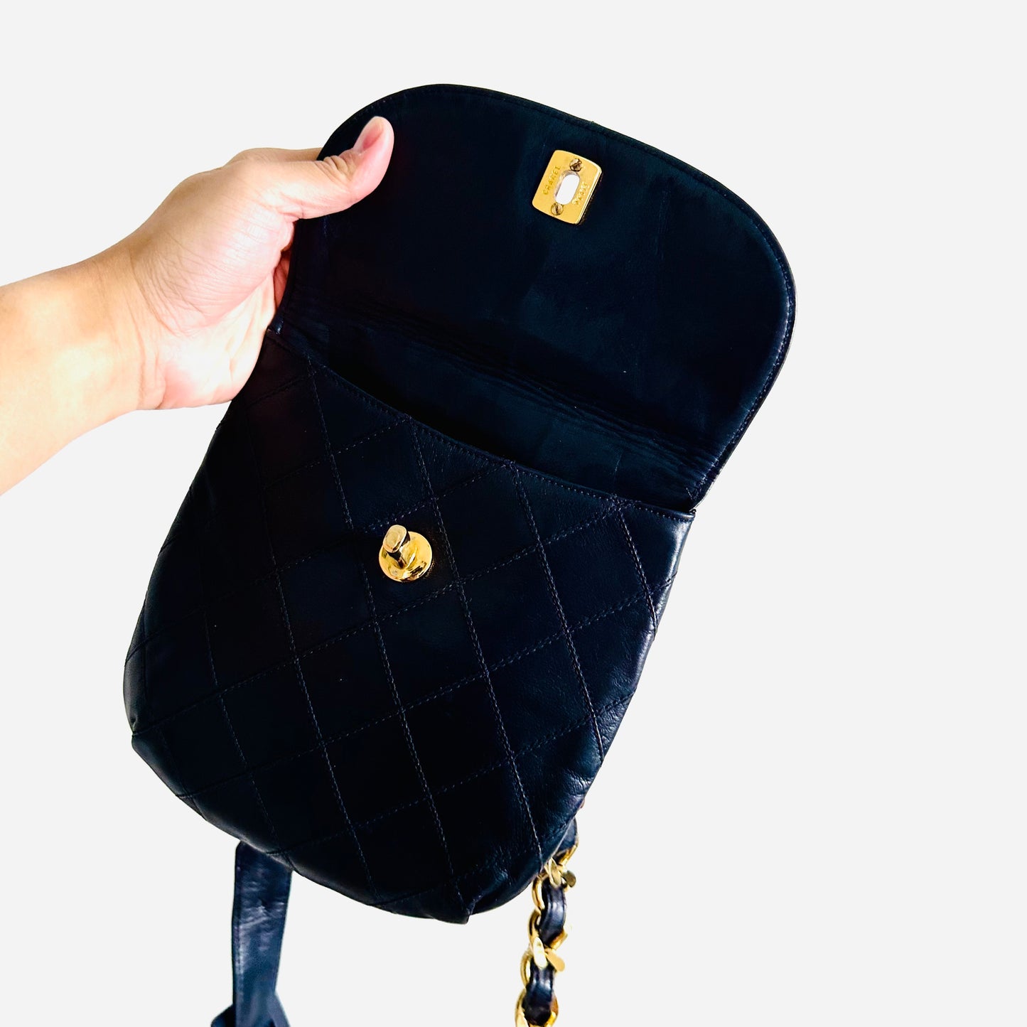 Chanel Navy Blue GHW Giant CC Logo Quilted Lambskin Turnlock 2-Way Vintage Belt Waist Shoulder Sling Bag Clutch Pouch