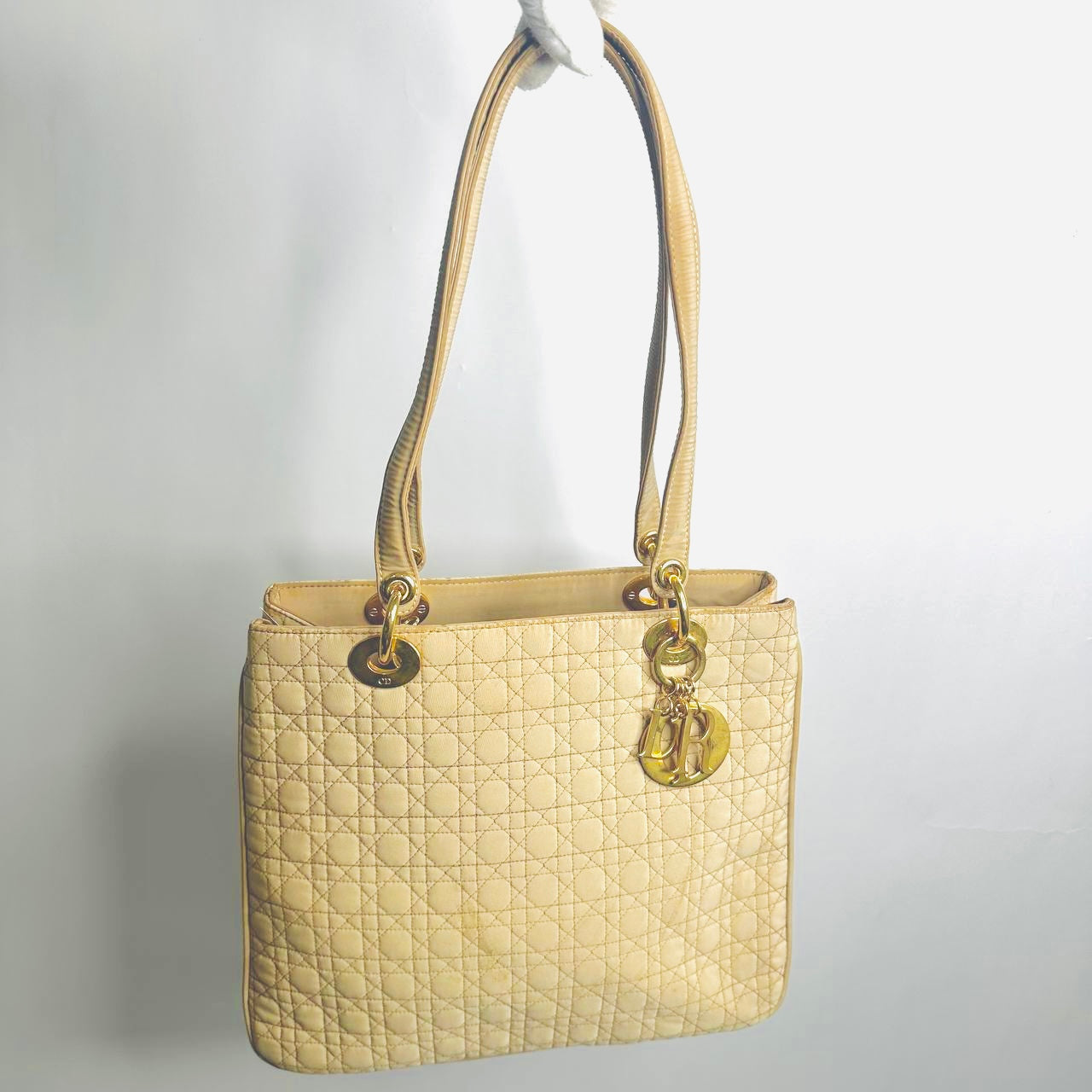 Christian Dior CD Warm Beige GHW Lady Dior Cannage Quilted Fabric Monogram Logo Shoulder Shopper Tote Bag