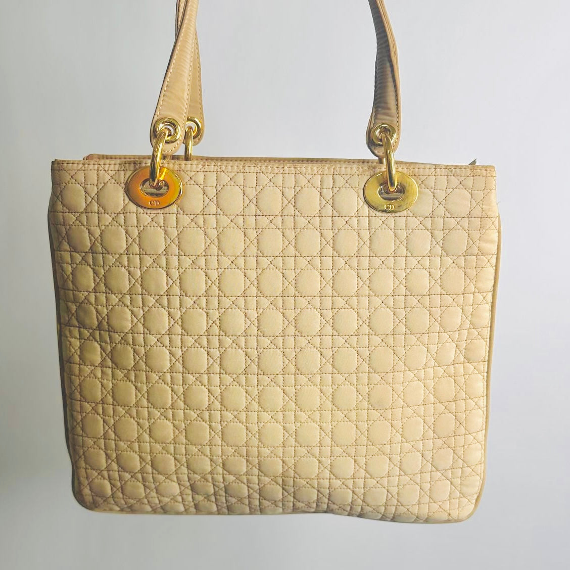 Christian Dior CD Warm Beige GHW Lady Dior Cannage Quilted Fabric Monogram Logo Shoulder Shopper Tote Bag