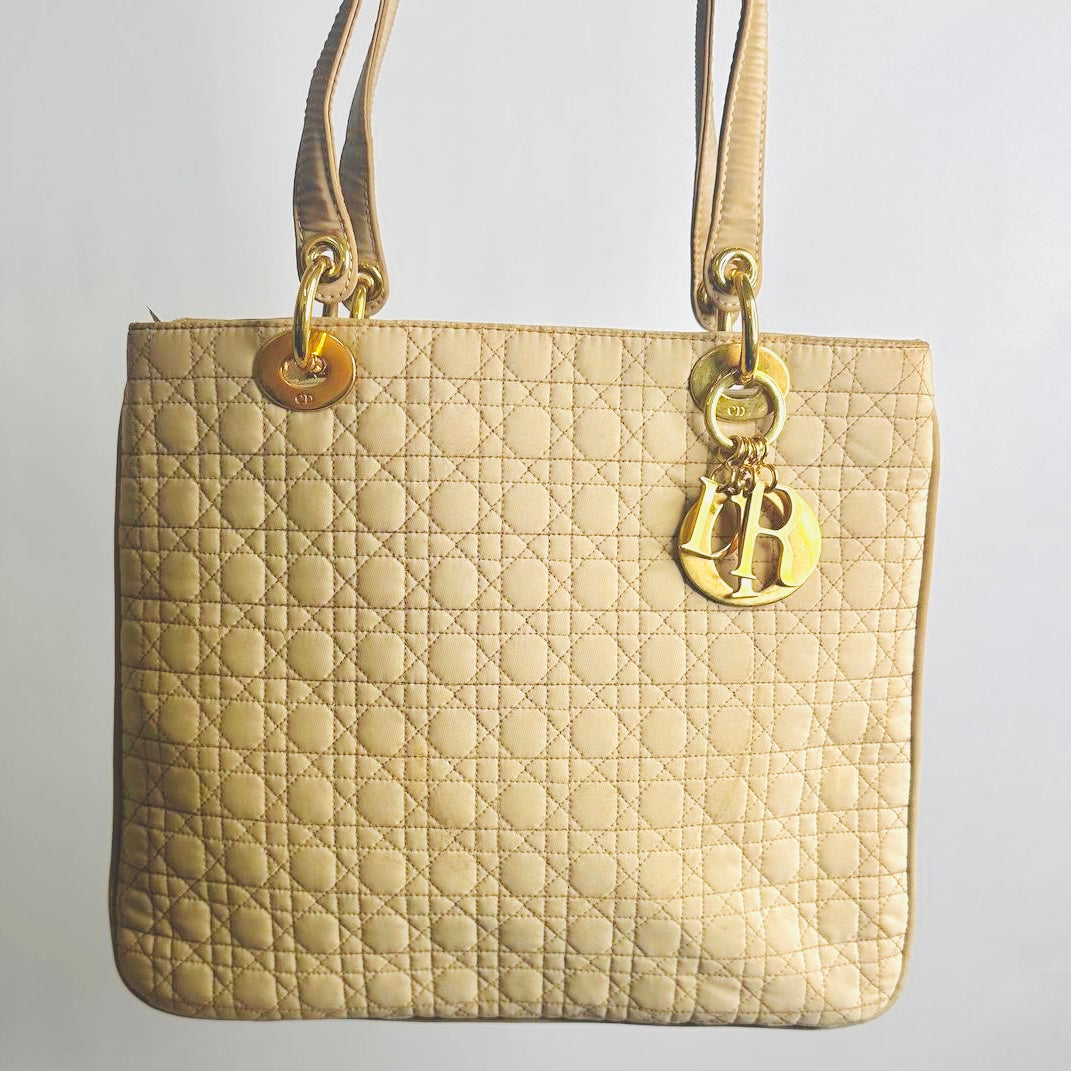 Christian Dior CD Warm Beige GHW Lady Dior Cannage Quilted Fabric Monogram Logo Shoulder Shopper Tote Bag