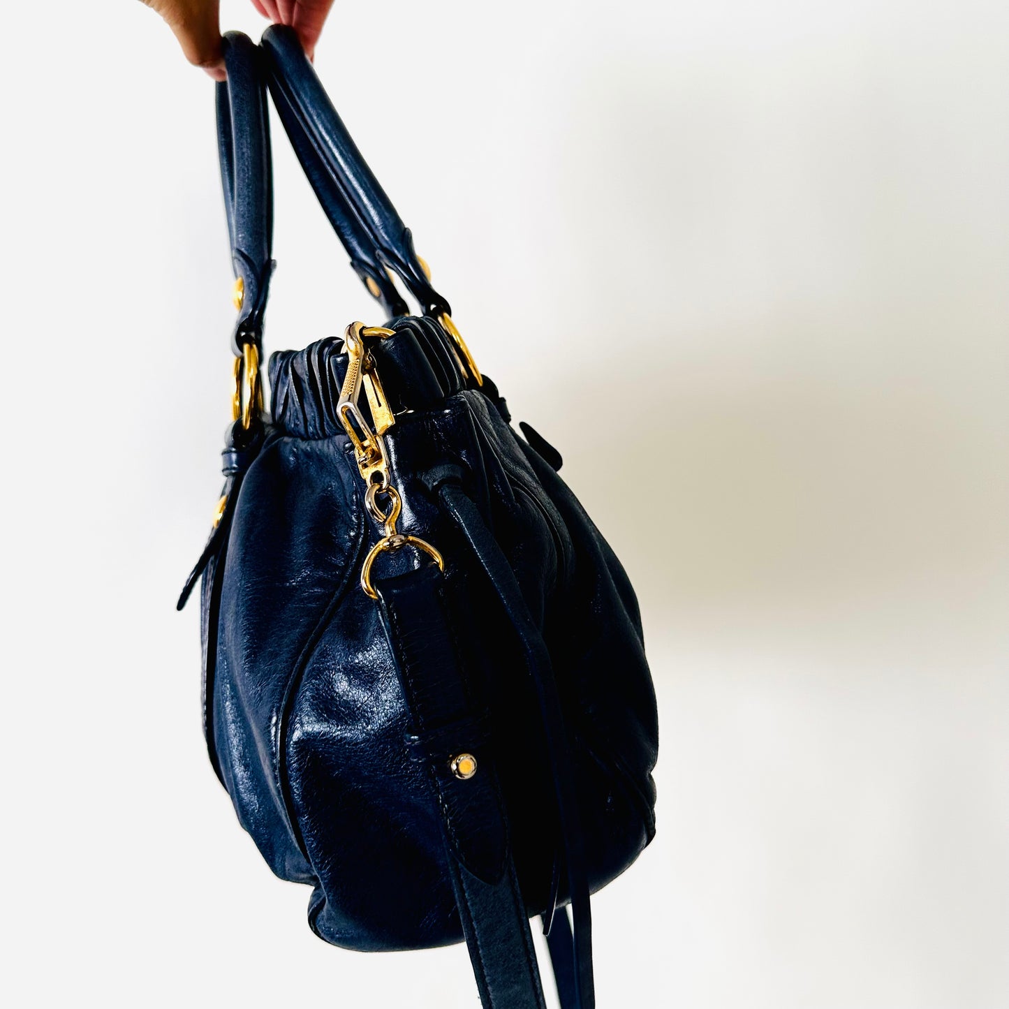 Miu Miu Navy Blue GHW Vitello Shine Leather Classic Logo 2-Way Shopper Shoulder Sling Tote Bag