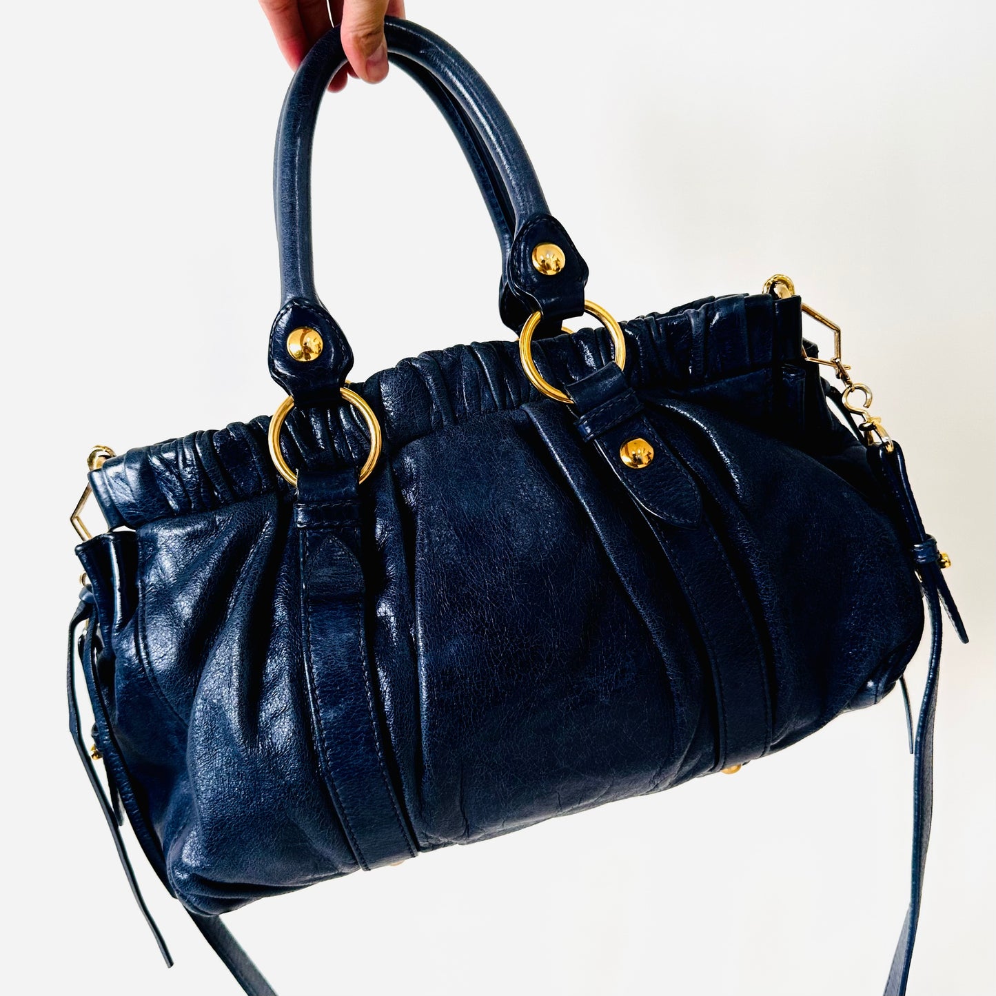 Miu Miu Navy Blue GHW Vitello Shine Leather Classic Logo 2-Way Shopper Shoulder Sling Tote Bag