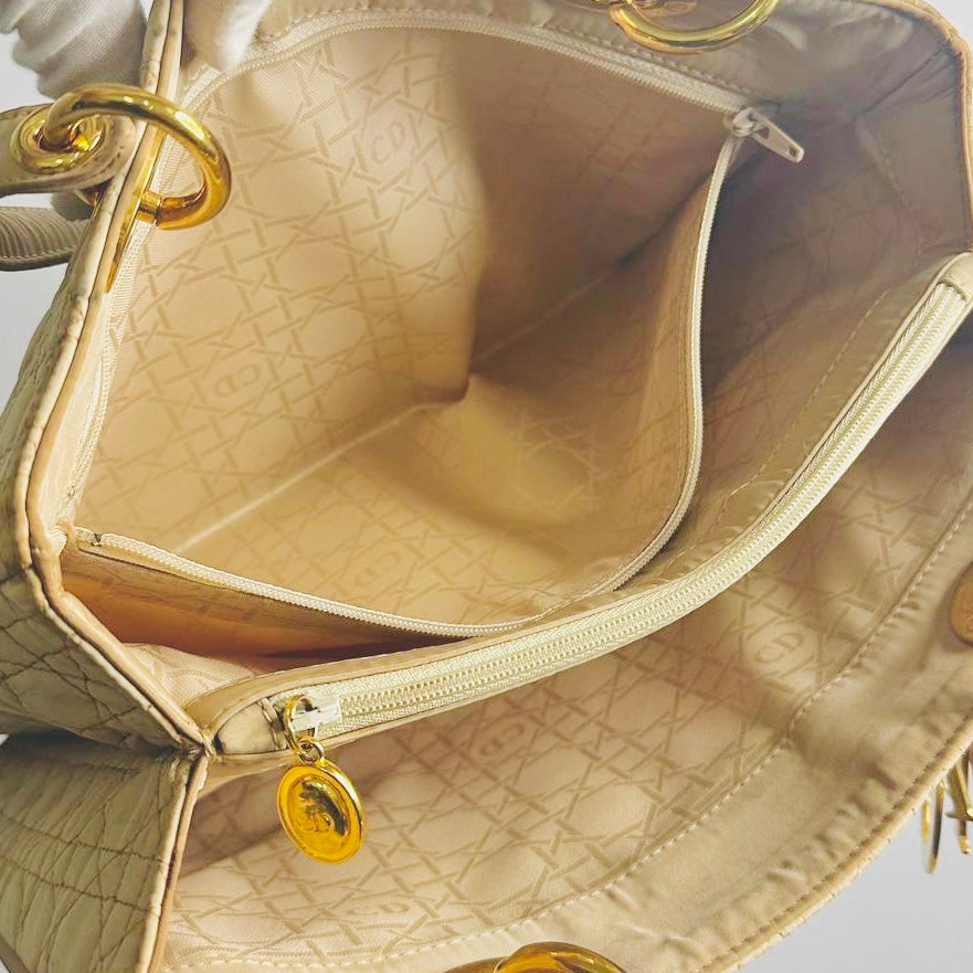 Christian Dior CD Warm Beige GHW Lady Dior Cannage Quilted Fabric Monogram Logo Shoulder Shopper Tote Bag