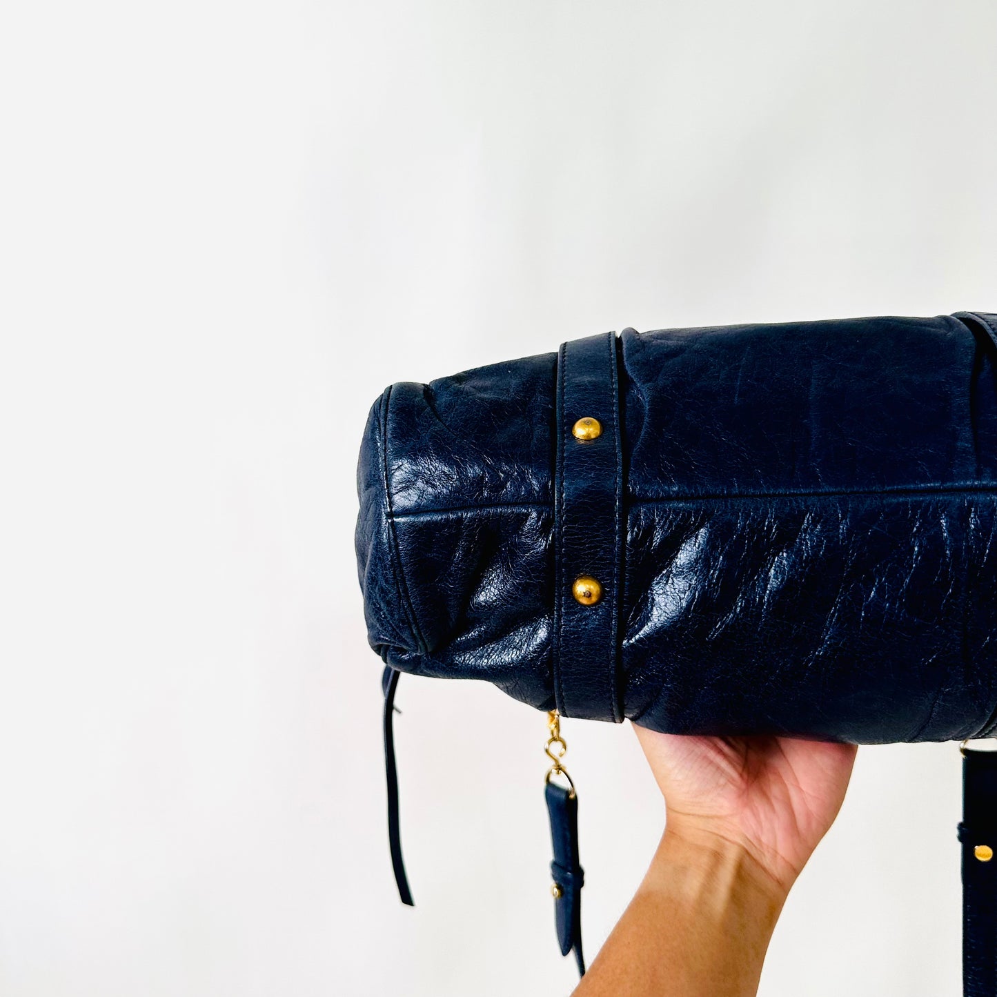 Miu Miu Navy Blue GHW Vitello Shine Leather Classic Logo 2-Way Shopper Shoulder Sling Tote Bag