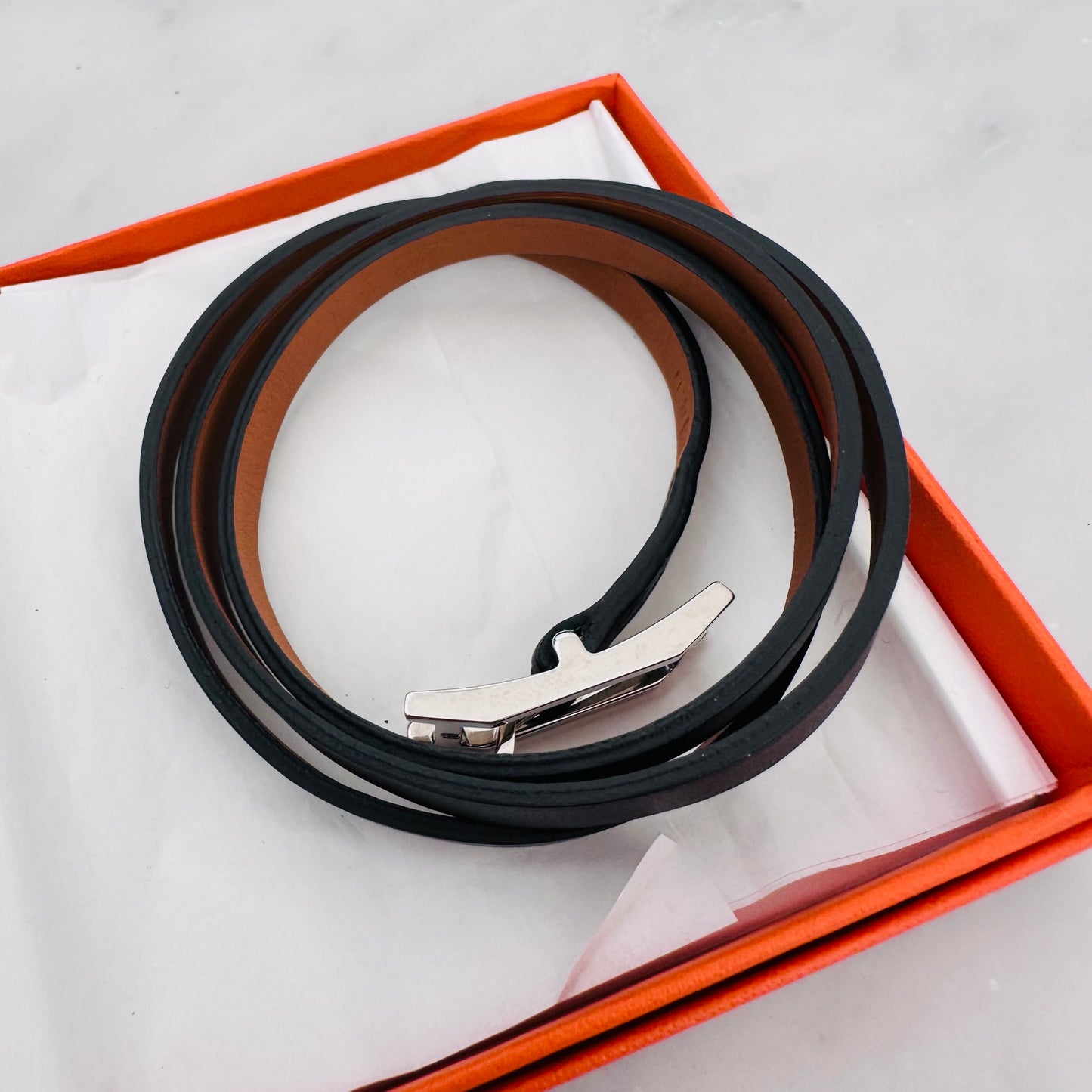 Hermes Black Behapi Triple Tour Smooth Leather Bracelet