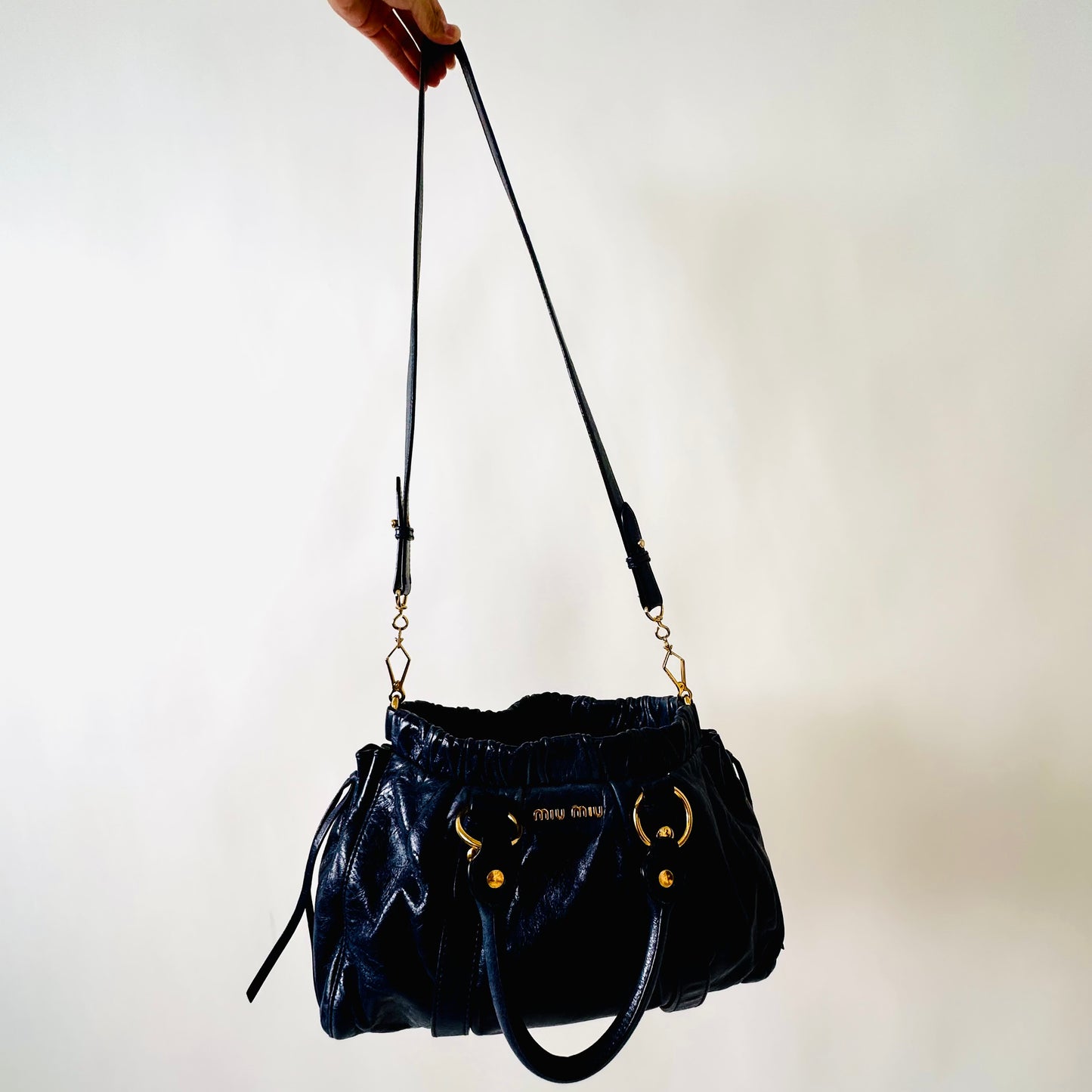 Miu Miu Navy Blue GHW Vitello Shine Leather Classic Logo 2-Way Shopper Shoulder Sling Tote Bag