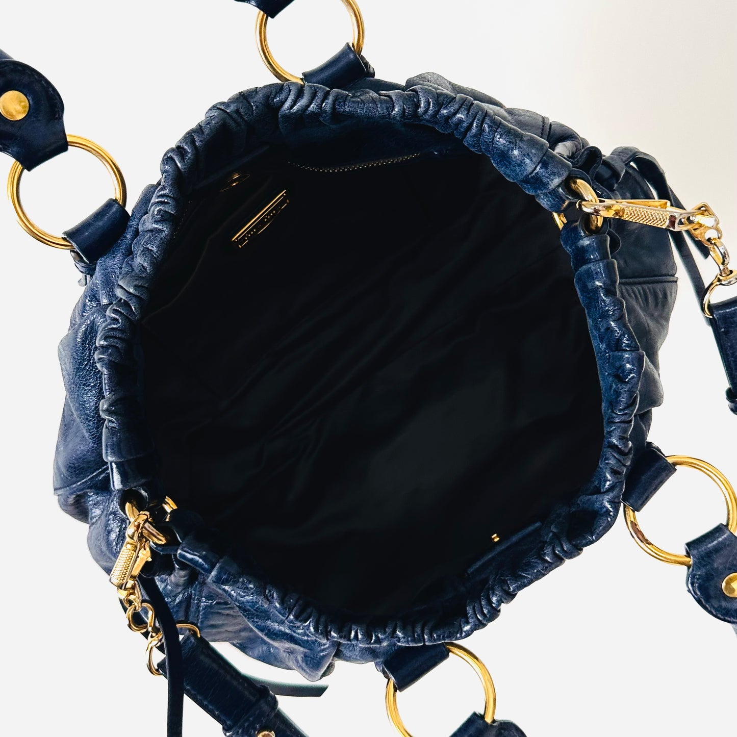 Miu Miu Navy Blue GHW Vitello Shine Leather Classic Logo 2-Way Shopper Shoulder Sling Tote Bag