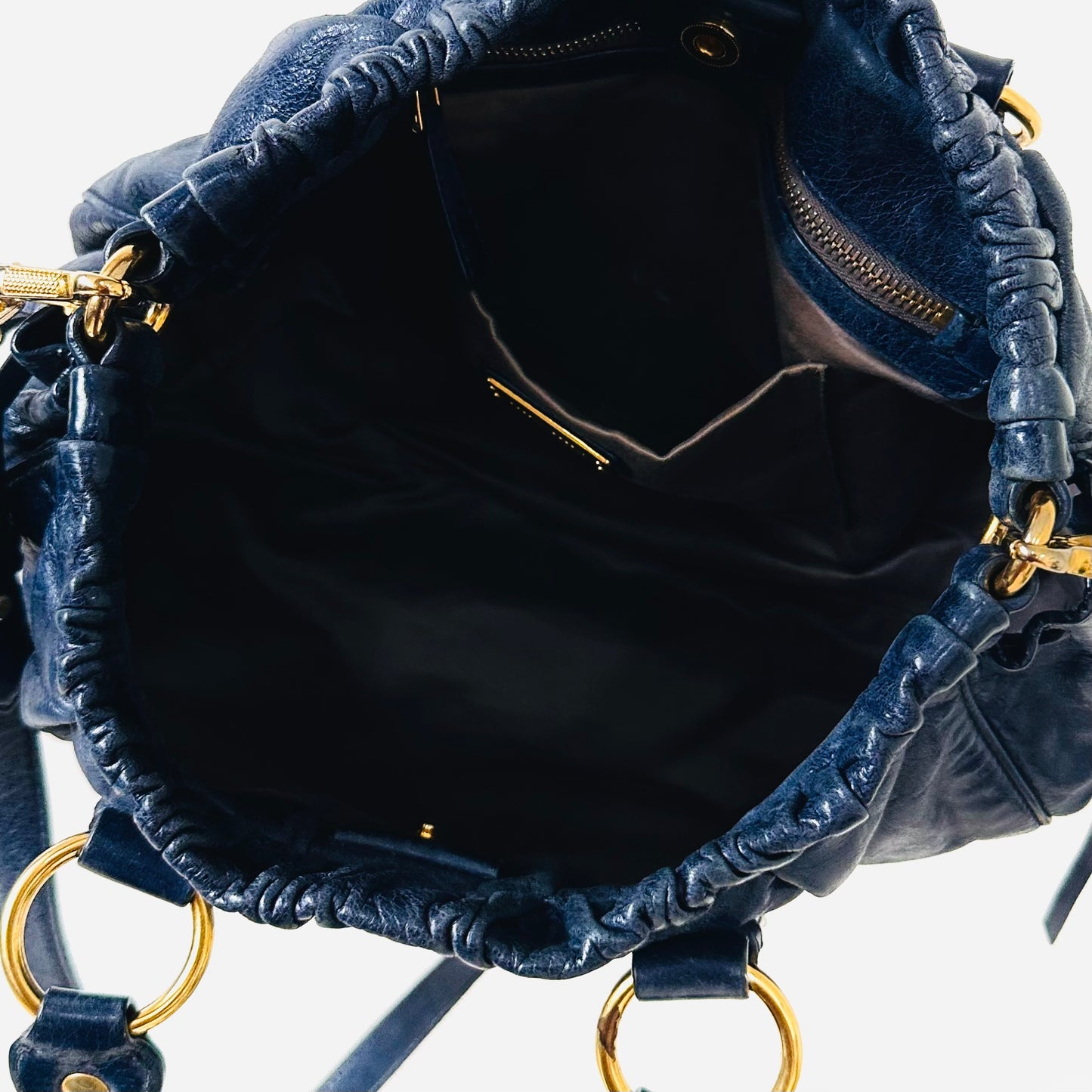 Miu Miu Navy Blue GHW Vitello Shine Leather Classic Logo 2-Way Shopper Shoulder Sling Tote Bag