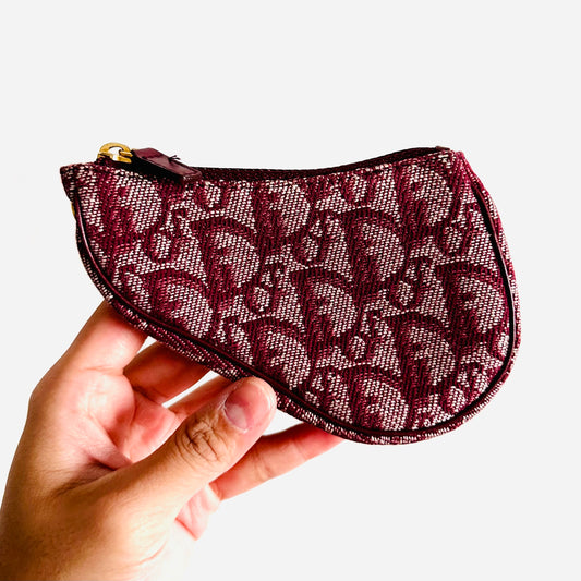 Christian Dior CD Saddle Maroon GHW Oblique Monogram Logo Zip Compact Wallet Pouch Case