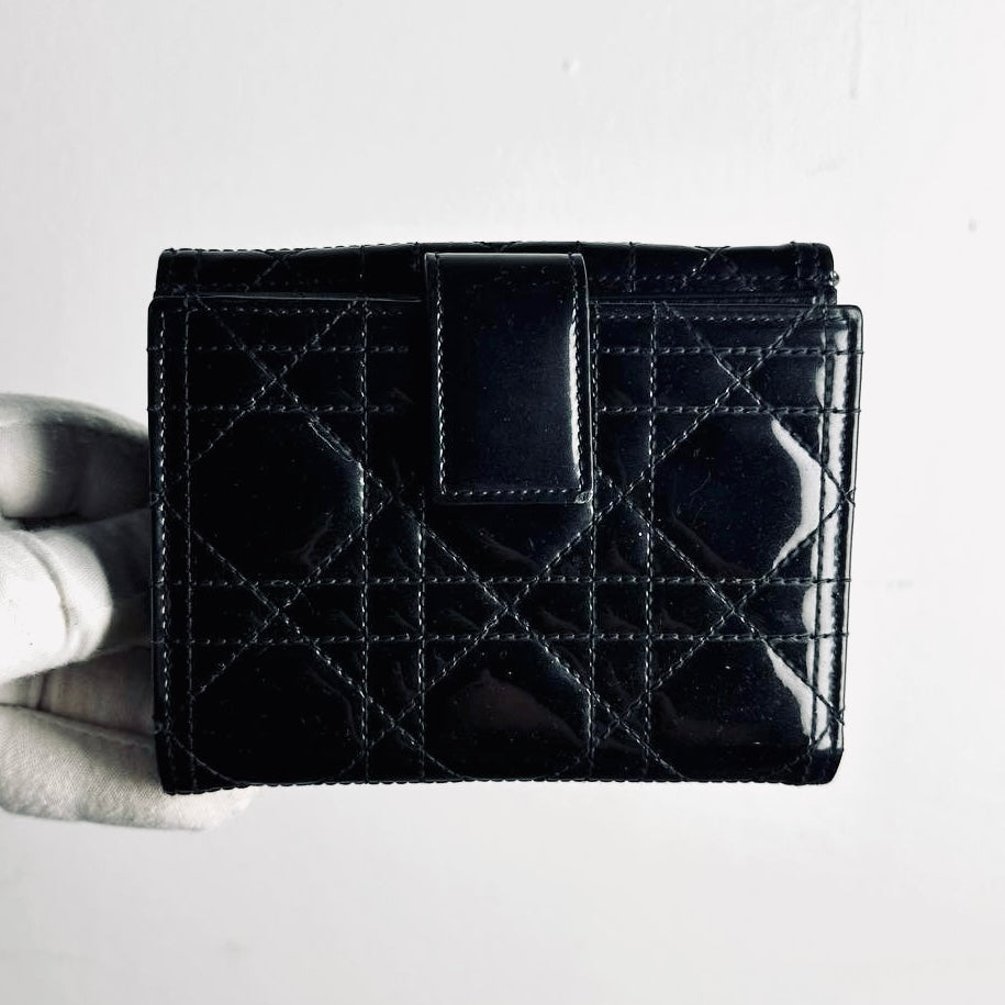 Christian Dior CD Lady Dior Black Cannage Quilted Patent Monogram Logo Flap Compact Bifold Wallet