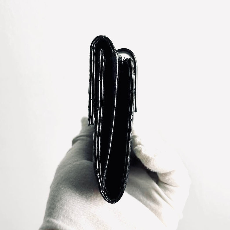 Christian Dior CD Lady Dior Black Cannage Quilted Patent Monogram Logo Flap Compact Bifold Wallet
