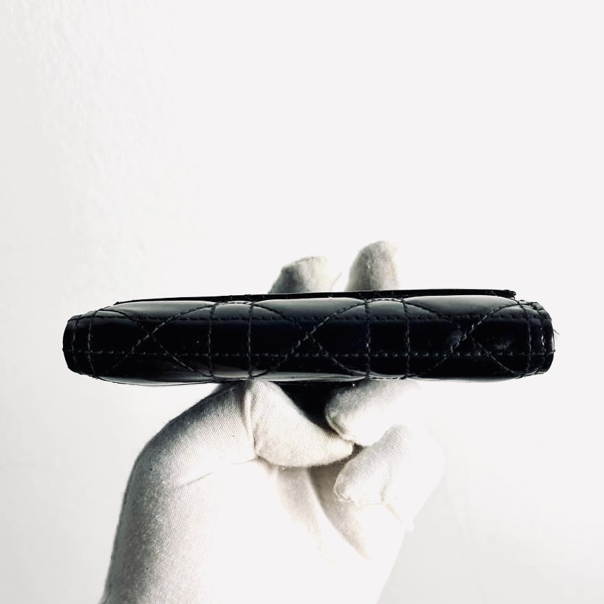 Christian Dior CD Lady Dior Black Cannage Quilted Patent Monogram Logo Flap Compact Bifold Wallet