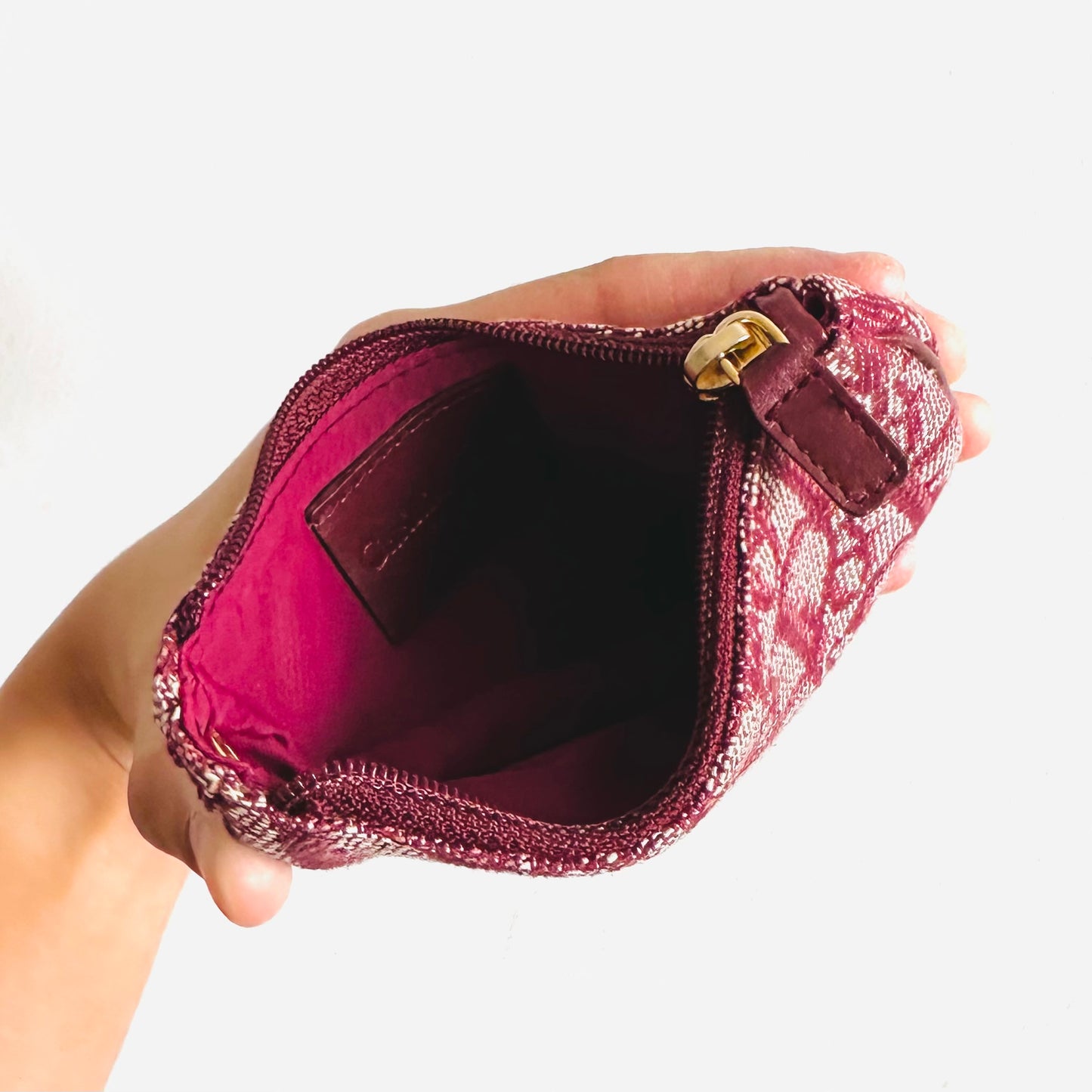 Christian Dior CD Saddle Maroon GHW Oblique Monogram Logo Zip Compact Wallet Pouch Case