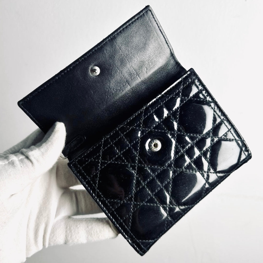 Christian Dior CD Lady Dior Black Cannage Quilted Patent Monogram Logo Flap Compact Bifold Wallet