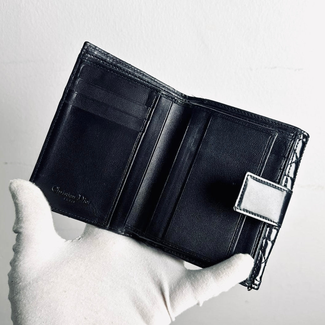 Christian Dior CD Lady Dior Black Cannage Quilted Patent Monogram Logo Flap Compact Bifold Wallet